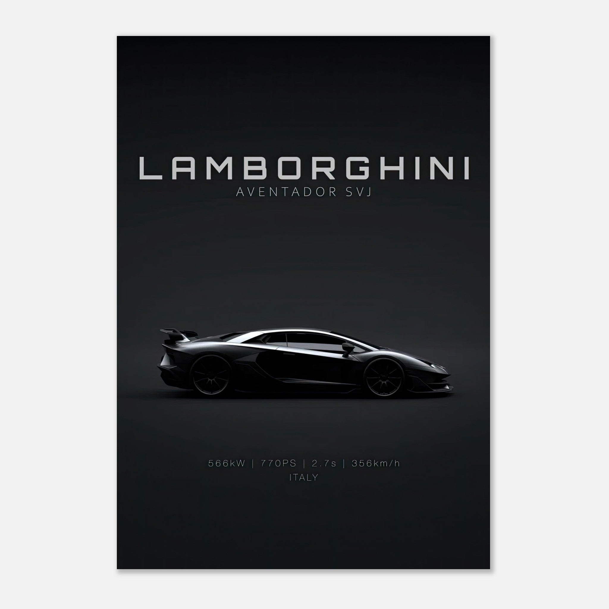 Lamborghini Aventador SVJ poster featuring sleek silhouette and performance details.