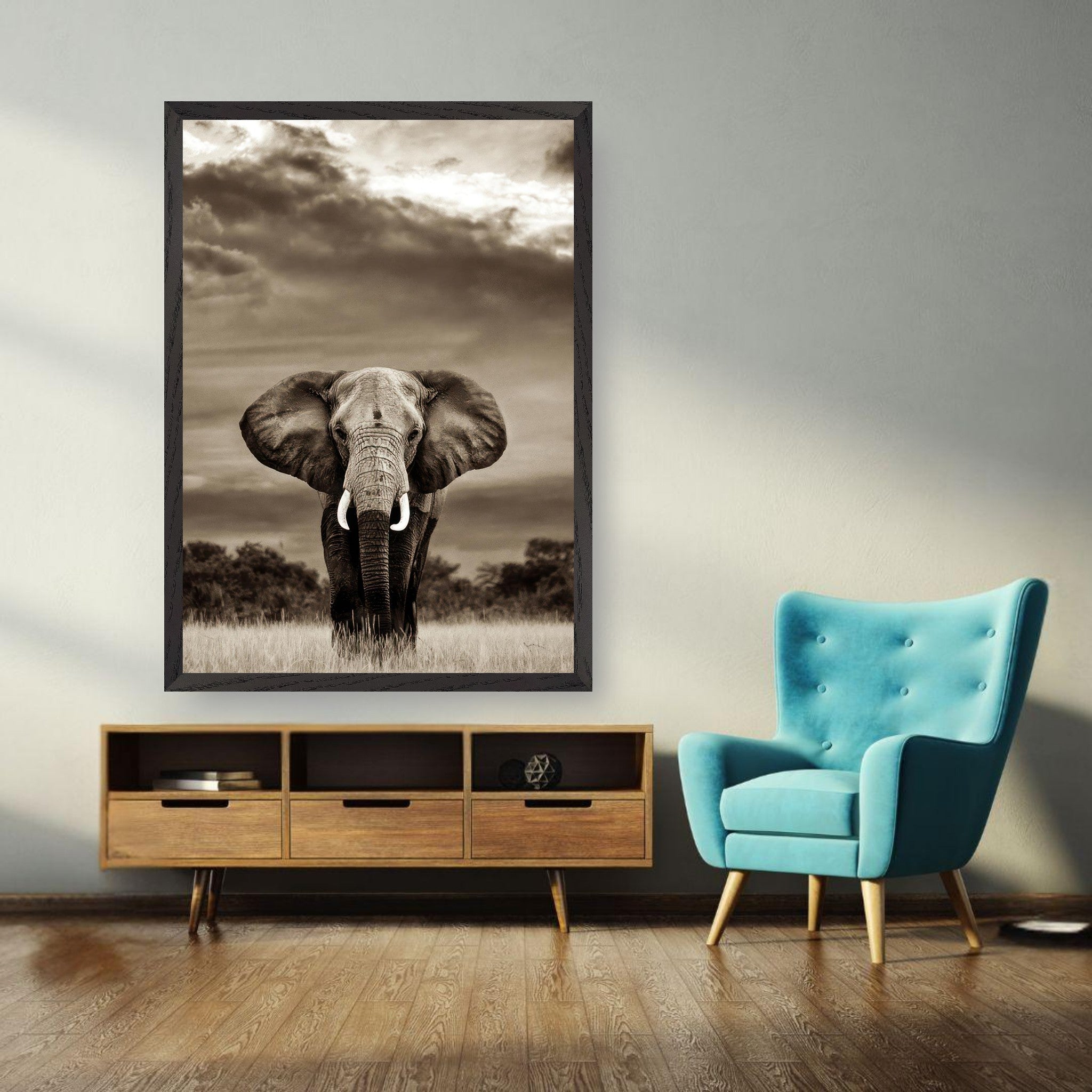 Stunning black-and-white elephant portrait photography print in a modern living room setting.
