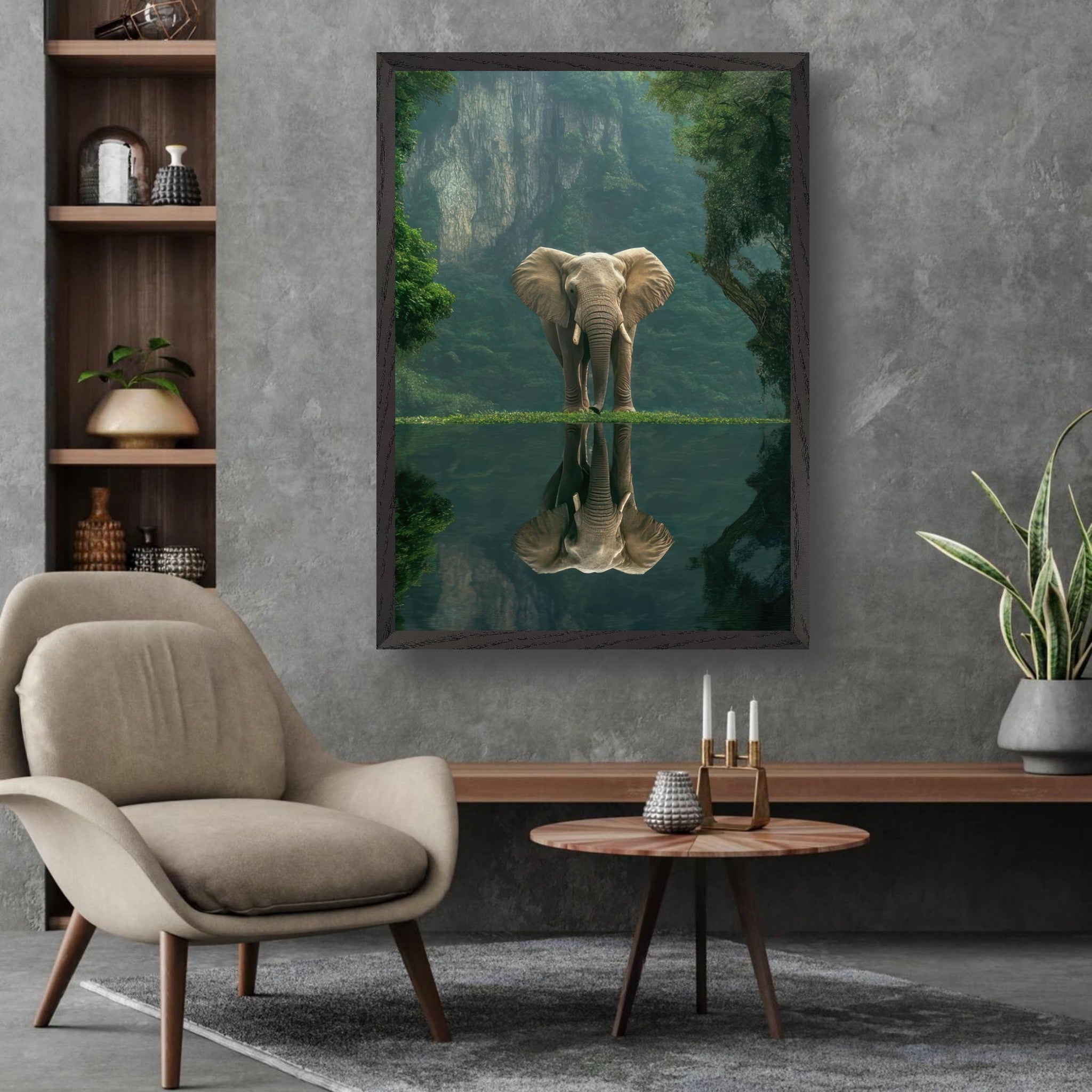 Jungle Elephant Portrait in a serene setting, reflecting in water, evoking peace and strength. Museum quality fine art.