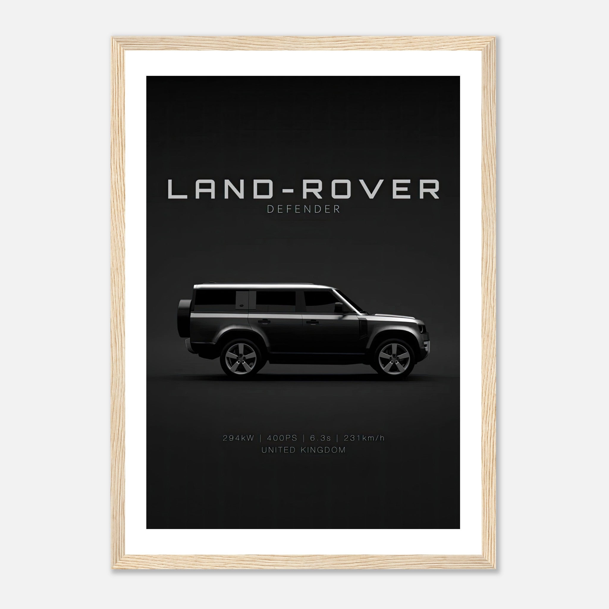 Framed print of Land Rover Defender showcasing its sleek side profile and sophisticated design.