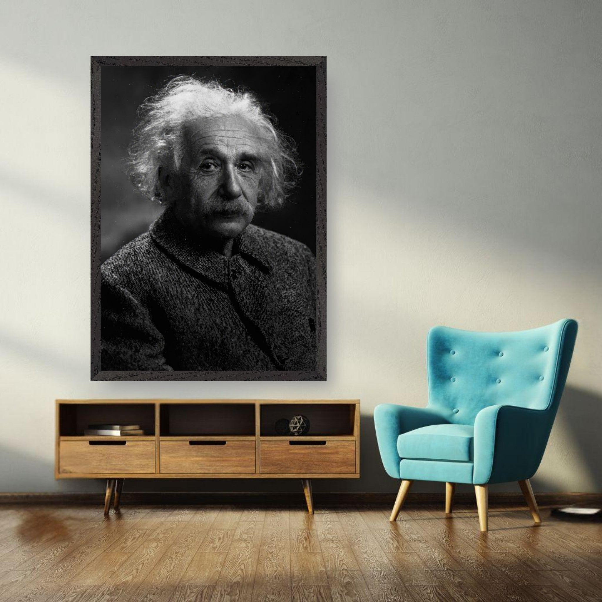 Black-and-white portrait of Albert Einstein in a modern living room setting, showcasing fine art quality.