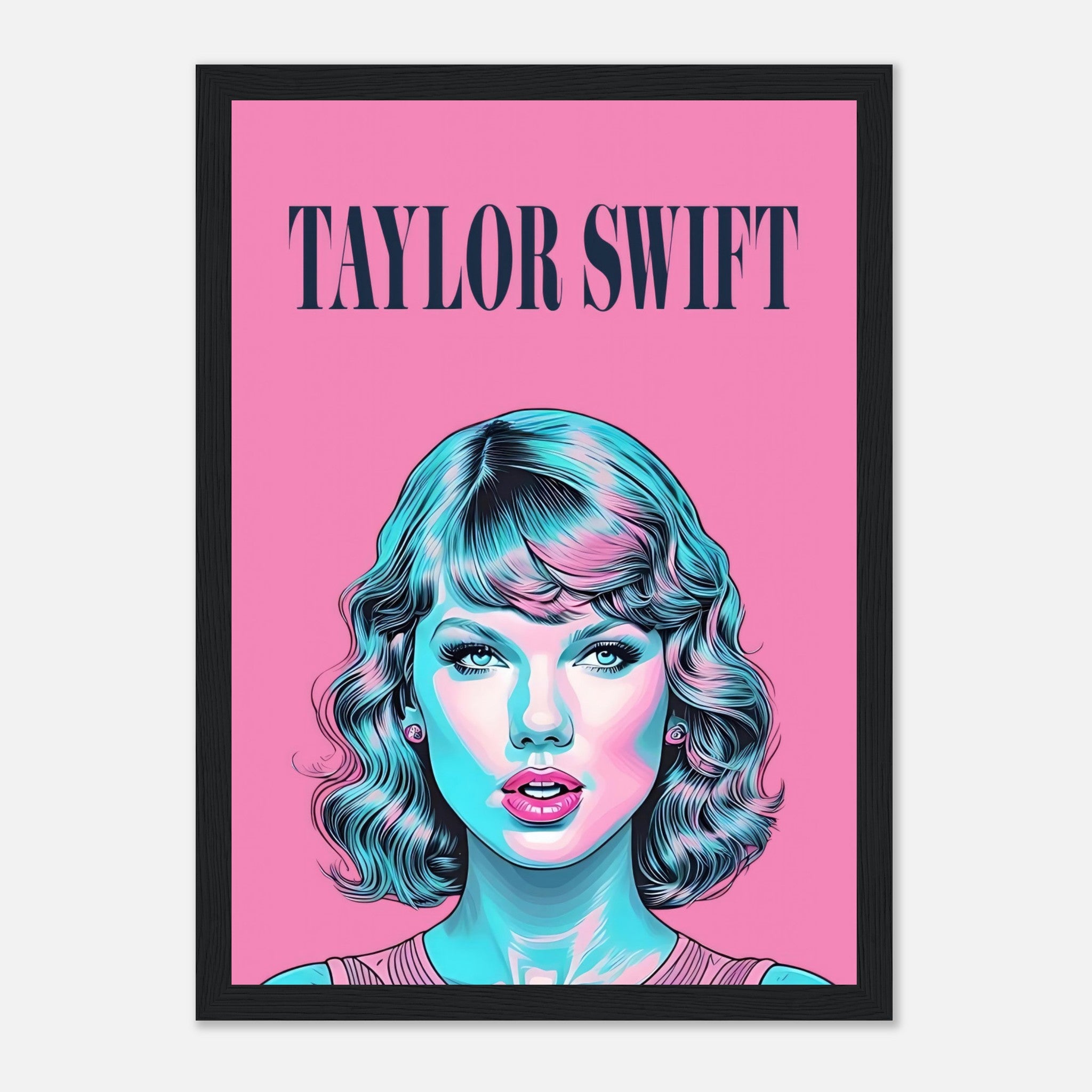 Vibrant Taylor Swift pop art framed poster with pink backdrop and turquoise highlights, ideal for fans and art lovers.