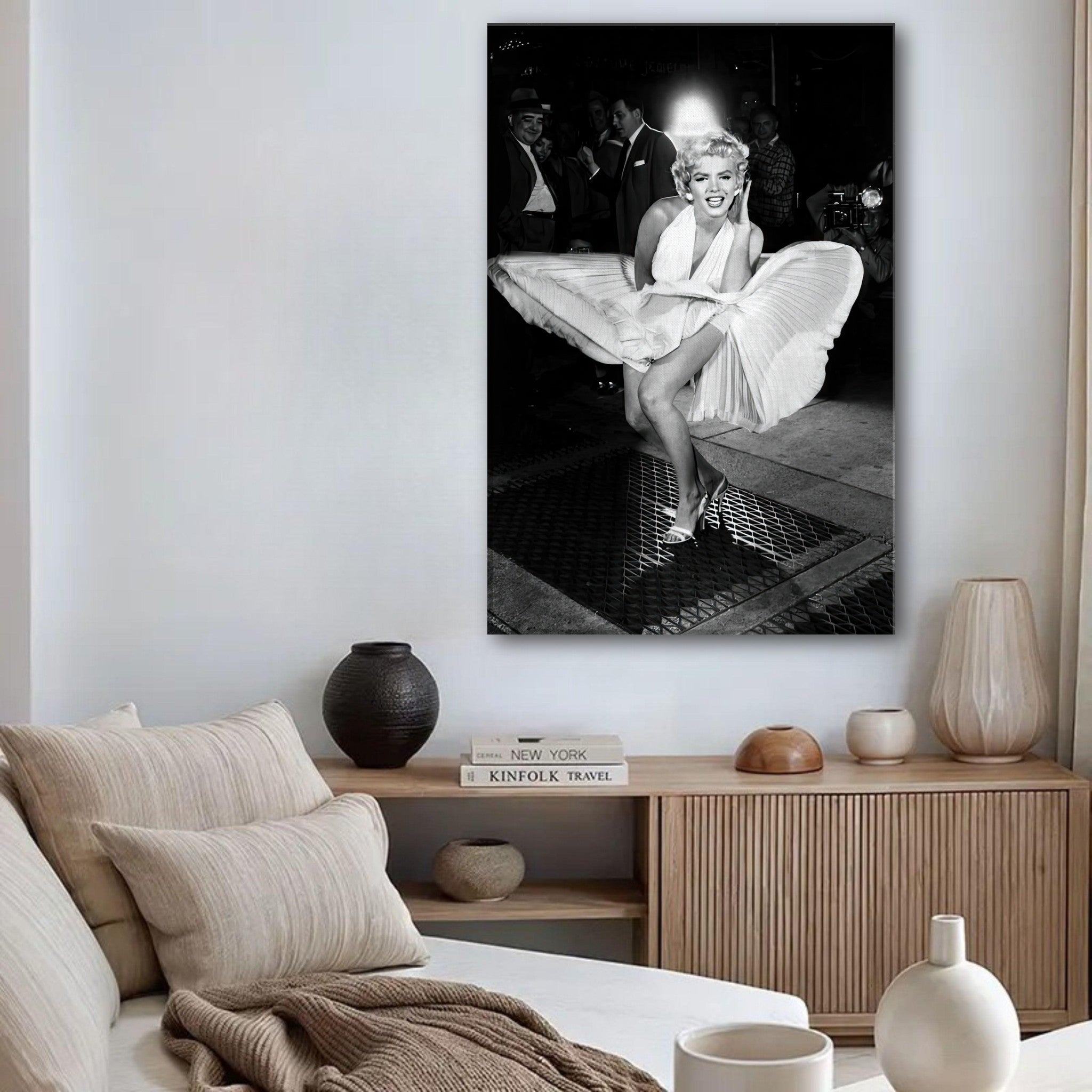 Marilyn Monroe white dress wind-blown photograph canvas print capturing Hollywood glamour and elegance.