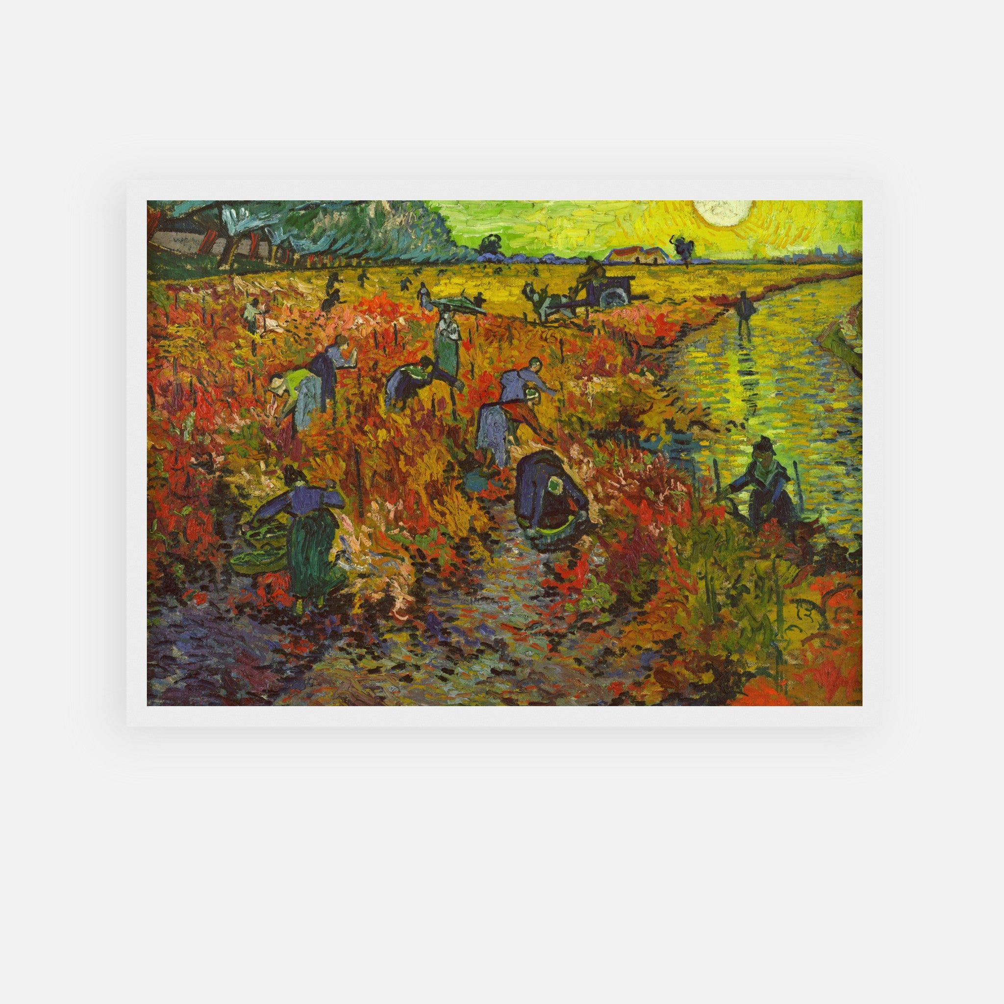 Framed print of Van Gogh's The Red Vineyard depicting a vibrant autumn harvest with bold colors.