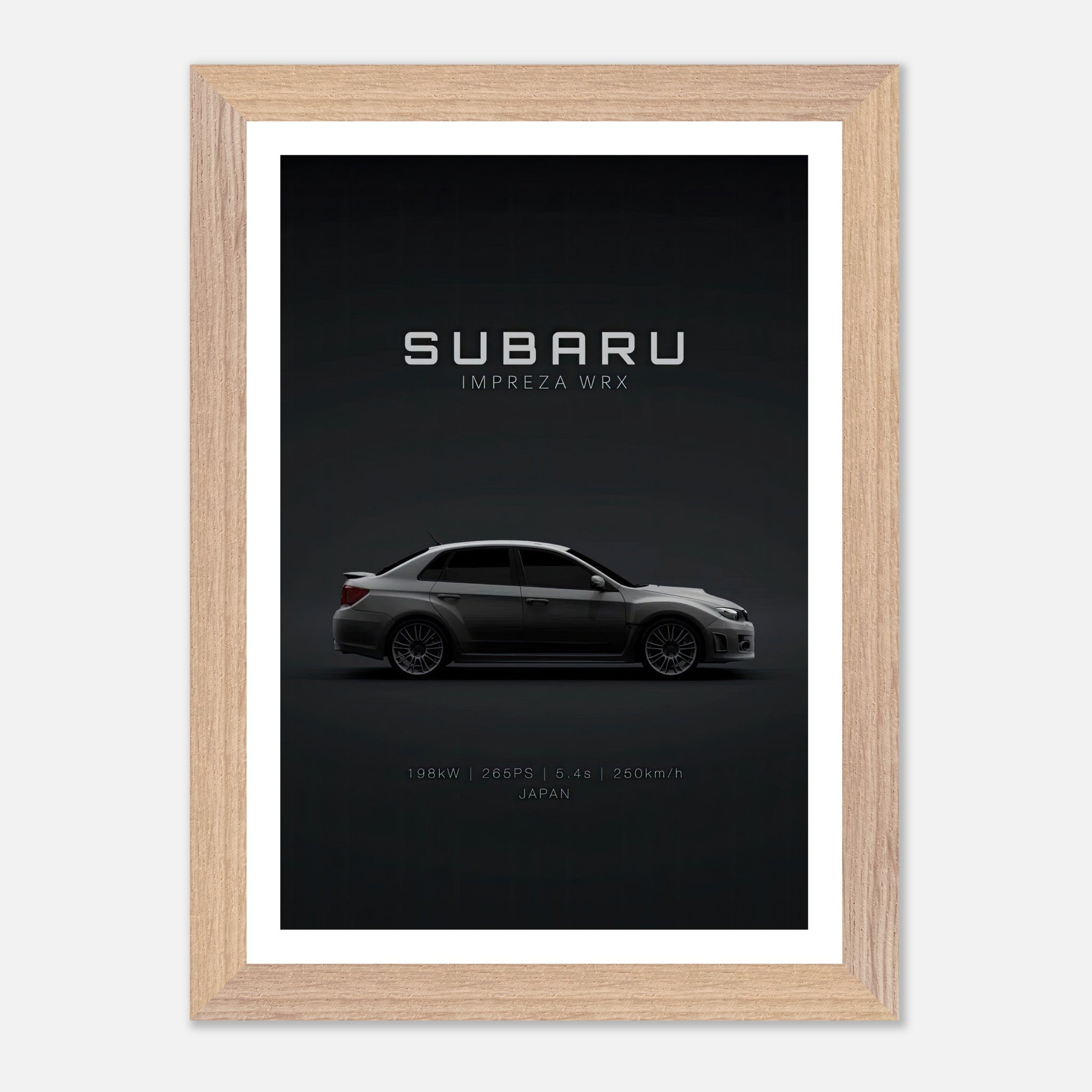 Subaru WRX vintage framed art featuring the iconic Impreza WRX in a sleek design against a minimalist background.