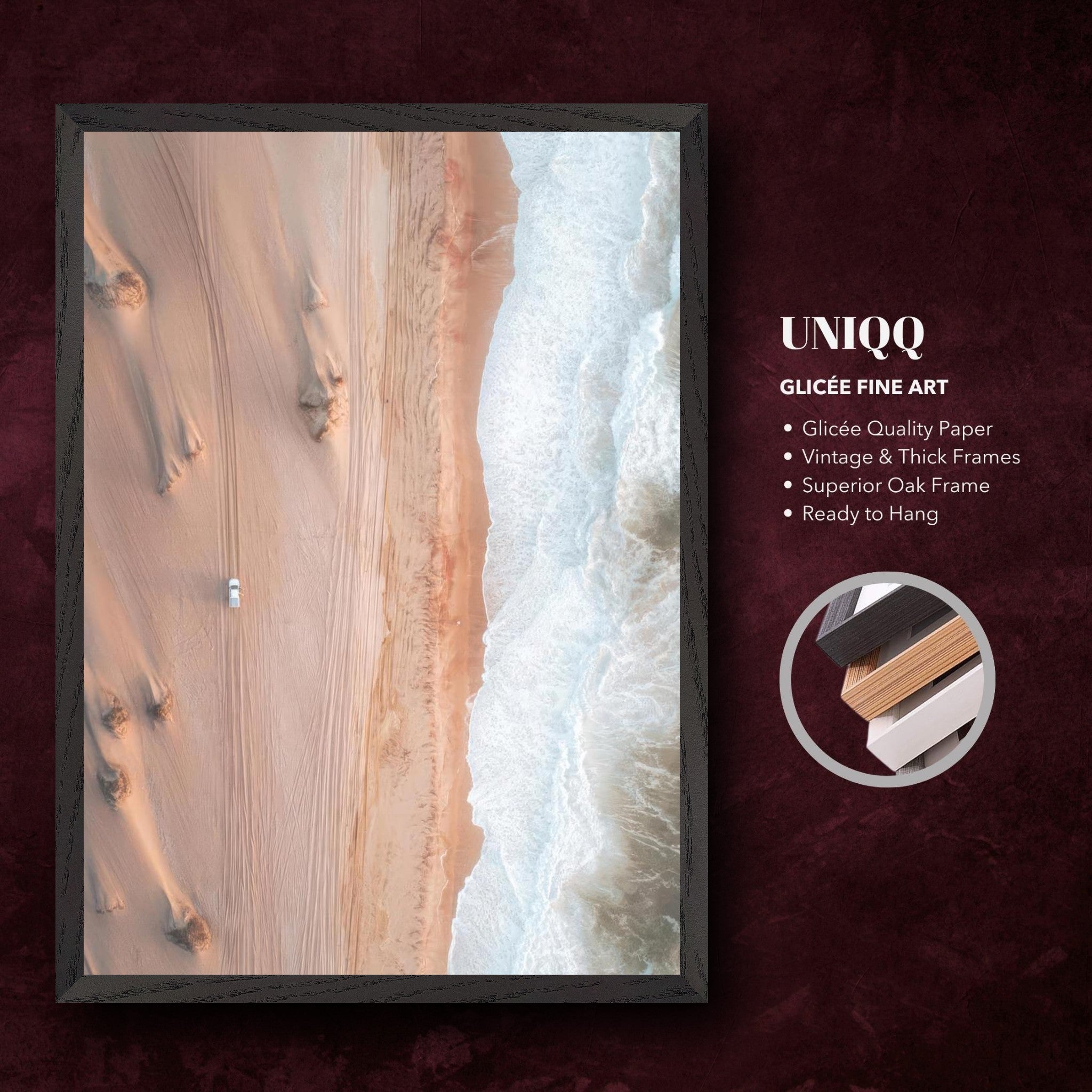 Aerial view of desert and ocean in a framed, museum-quality drone photograph, showcasing nature's beauty.