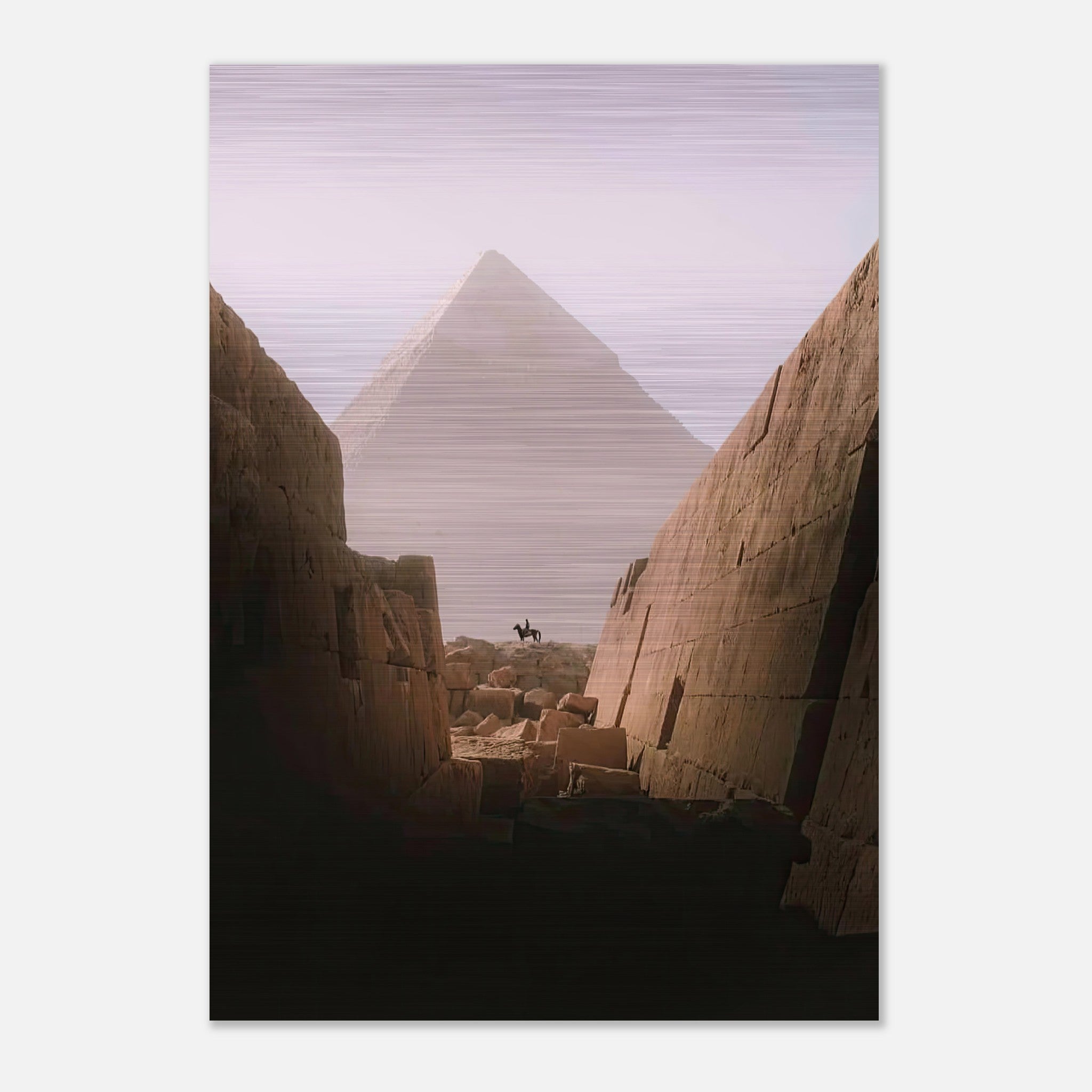 Brushed metal artwork of lone rider approaching the Great Pyramid of Giza, showcasing ancient Egypt's majestic ruins.