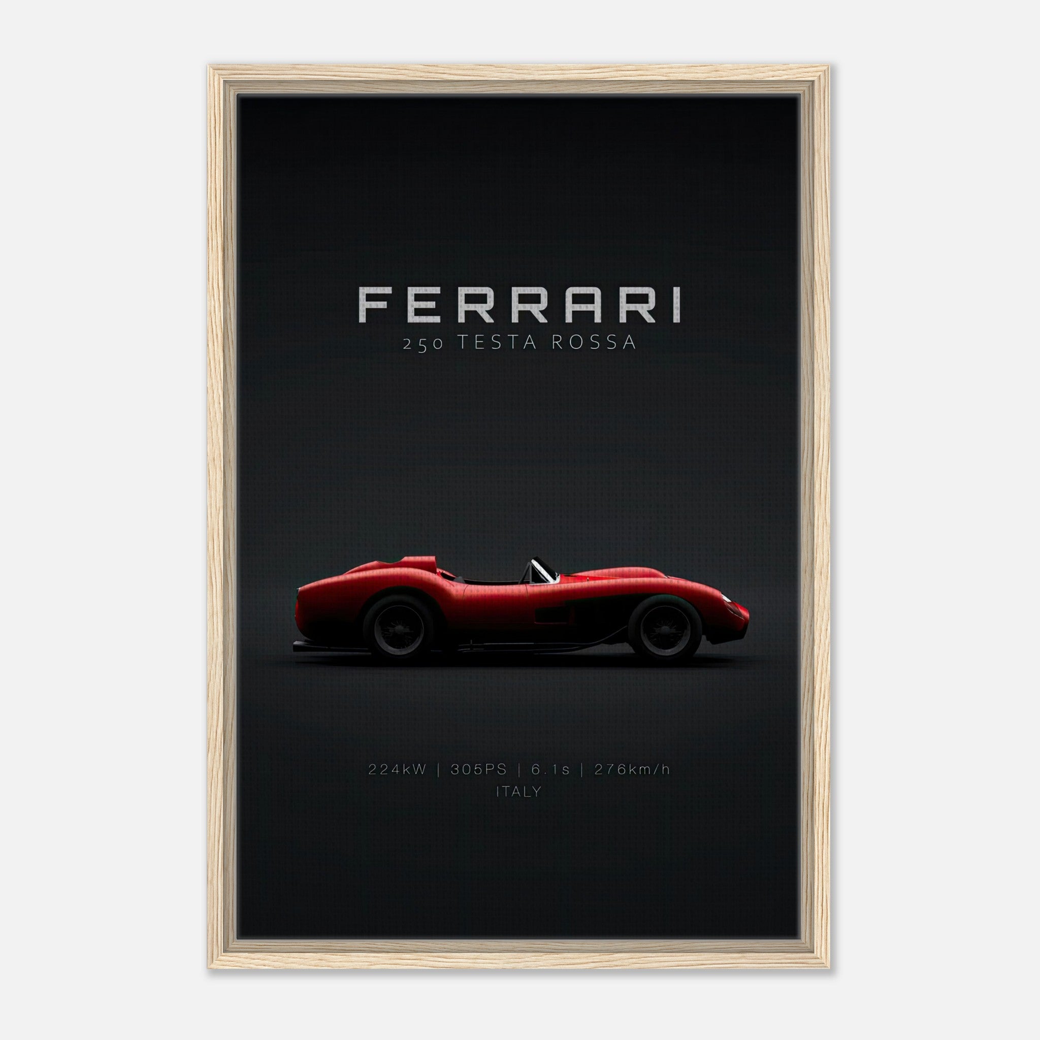 Ferrari 250 Testa Rossa framed canvas print showcasing iconic red race car silhouette on black background.