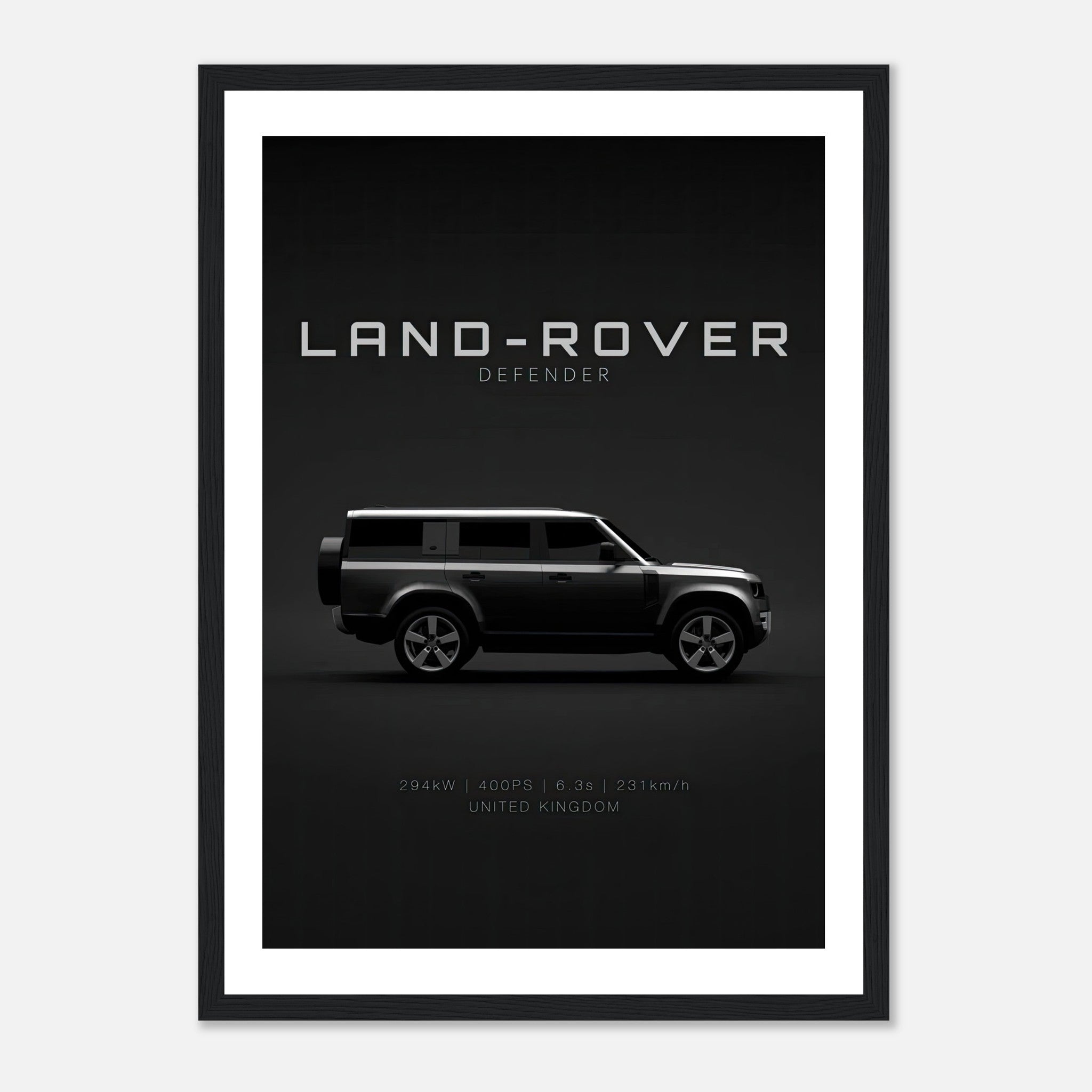 Framed print of Land Rover Defender in side profile, showcasing its rugged elegance and iconic design.