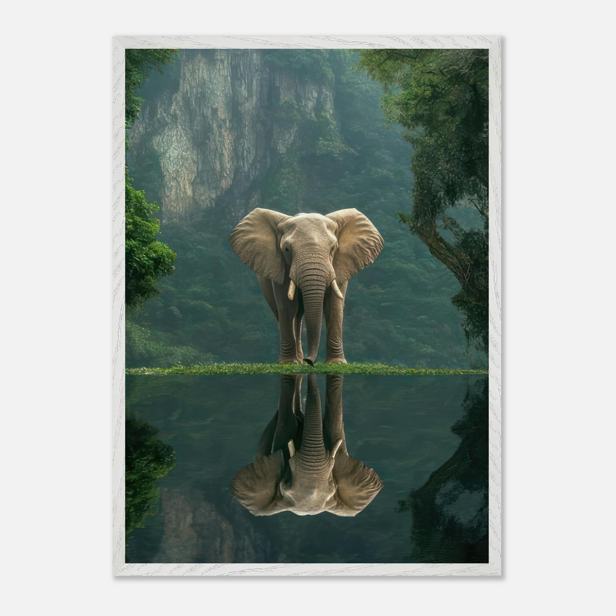 Vintage framed print of a majestic elephant in jungle reflection, showcasing nature's beauty and tranquility.