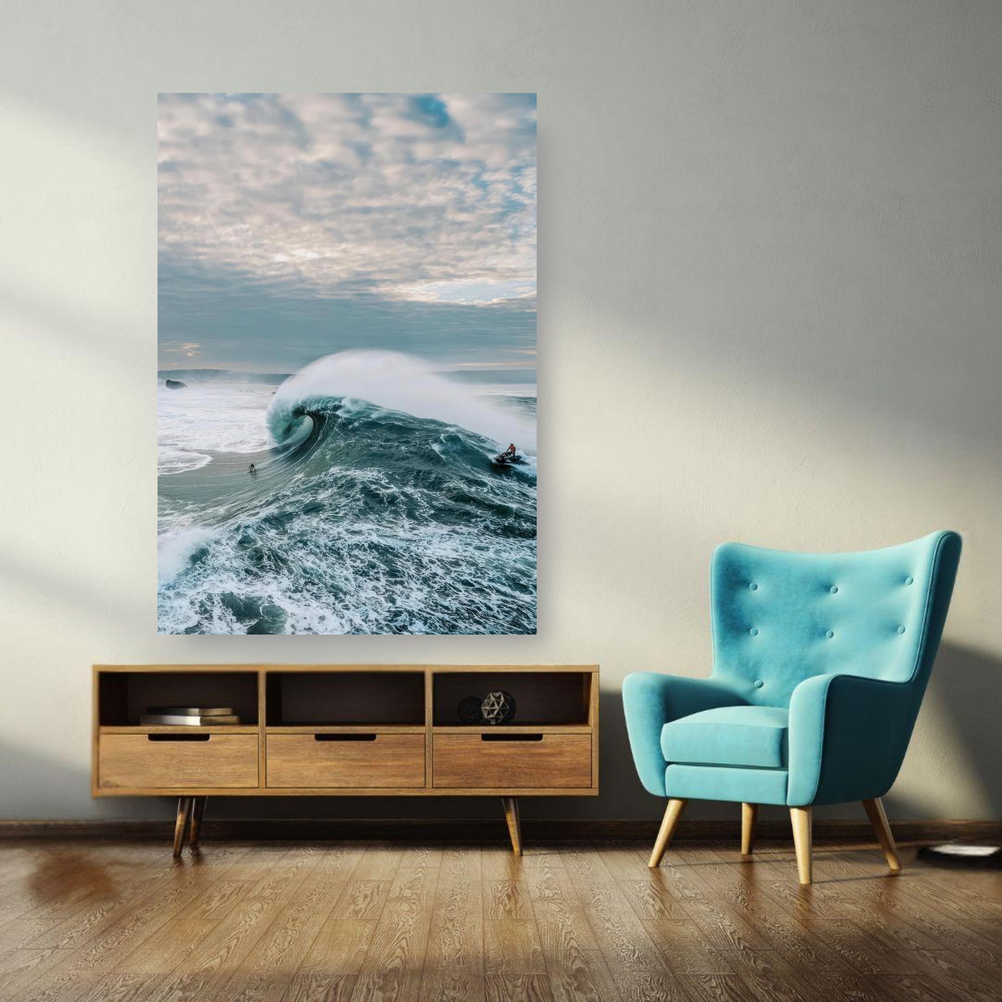 Big Wave Surfing poster showcasing a surfer riding a towering wave in a stylish living room setting.