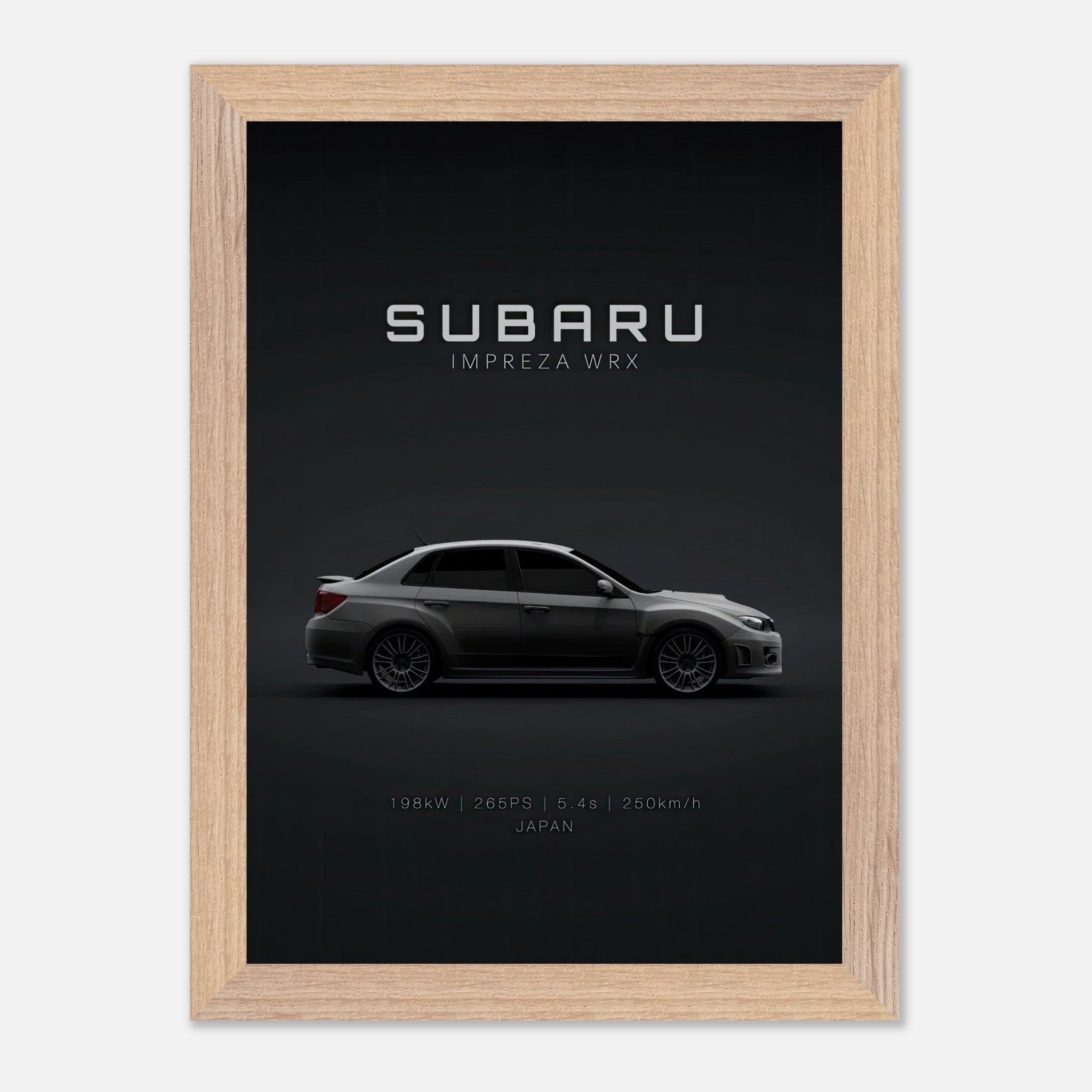 Subaru Impreza WRX vintage framed art showcasing sleek profile and performance details against a minimalist backdrop.