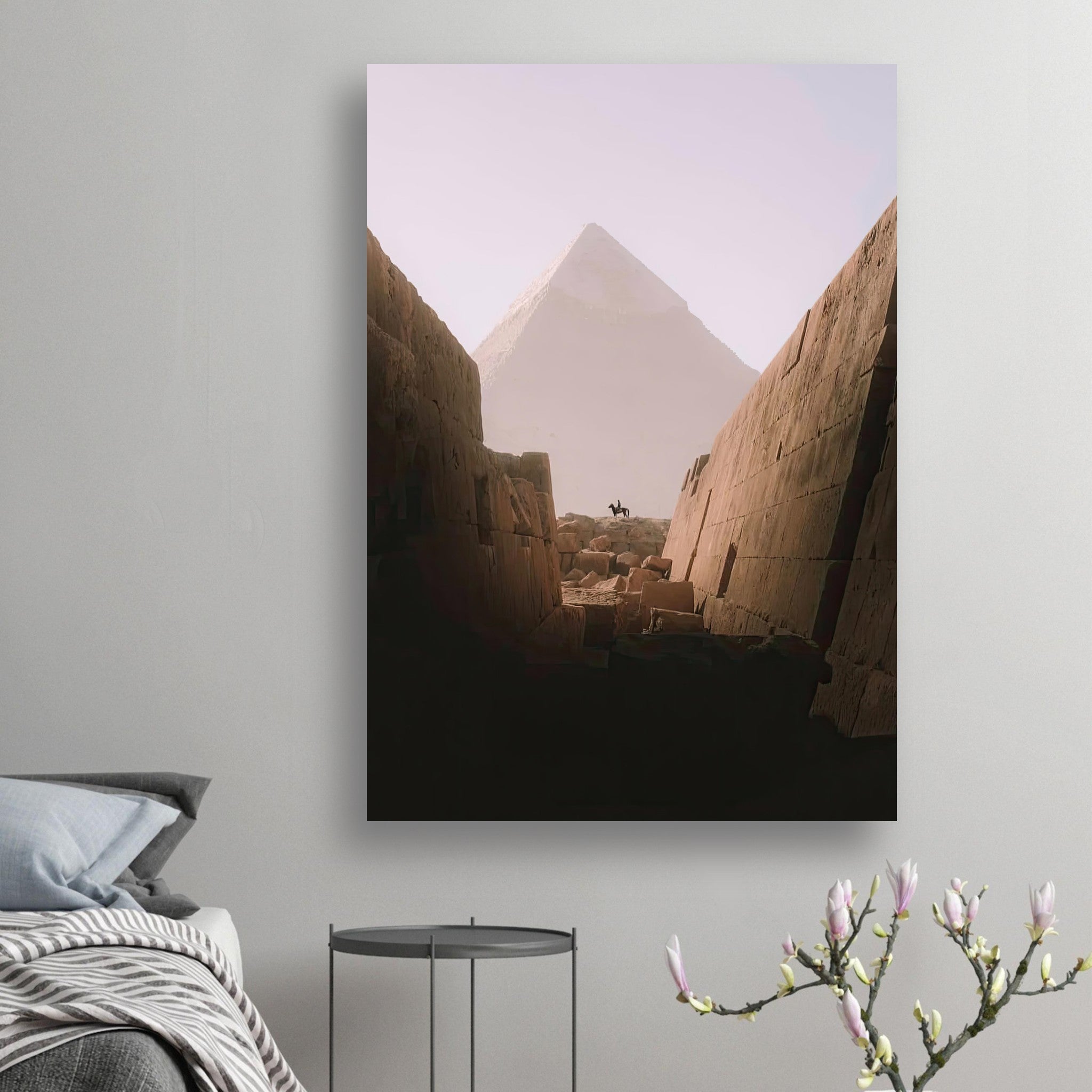 Horse and rider poster featuring the Great Pyramid of Giza, evoking adventure and timeless history.