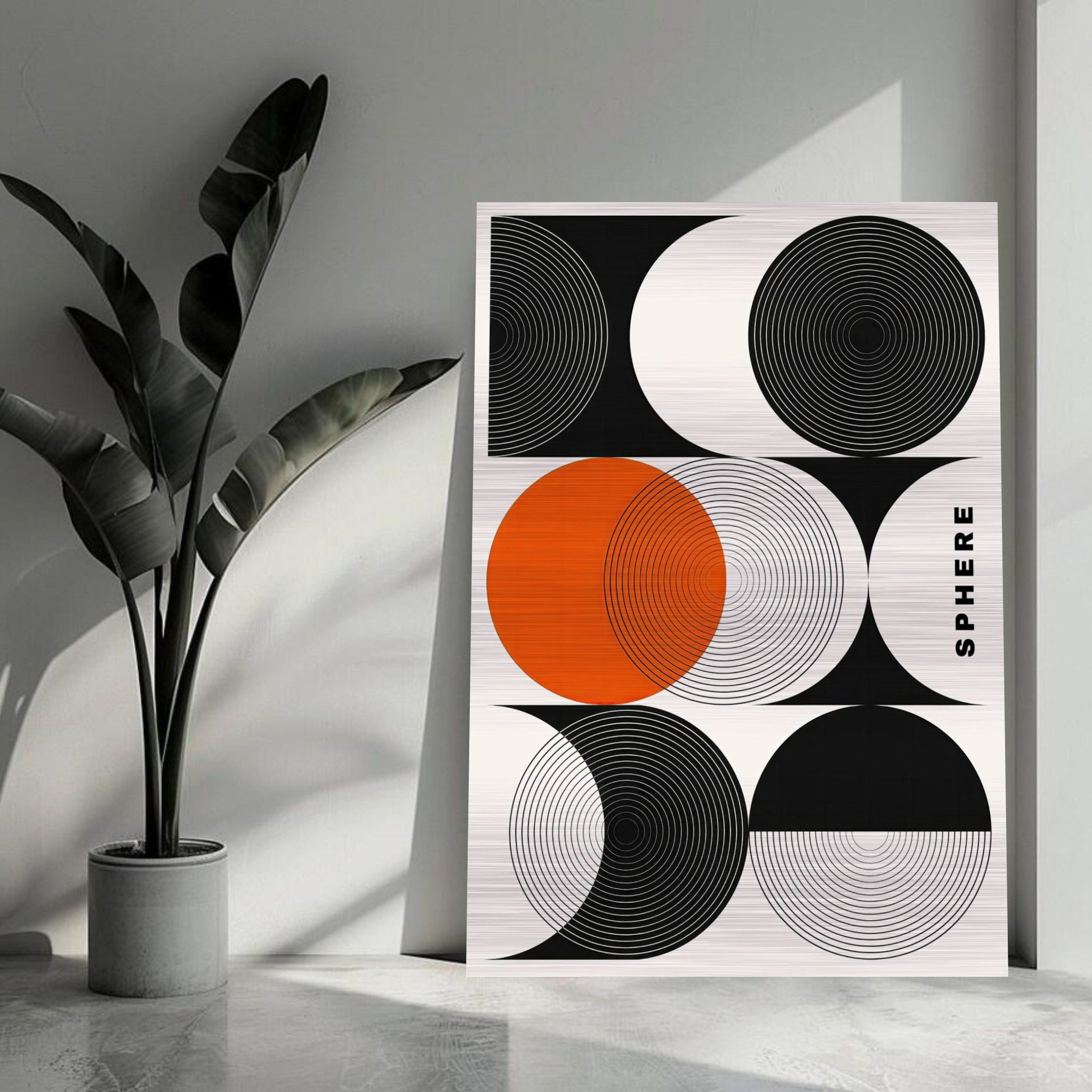 Abstract Geometric Sphere Art in brushed metal print with black, white, and orange circular patterns in modern decor.