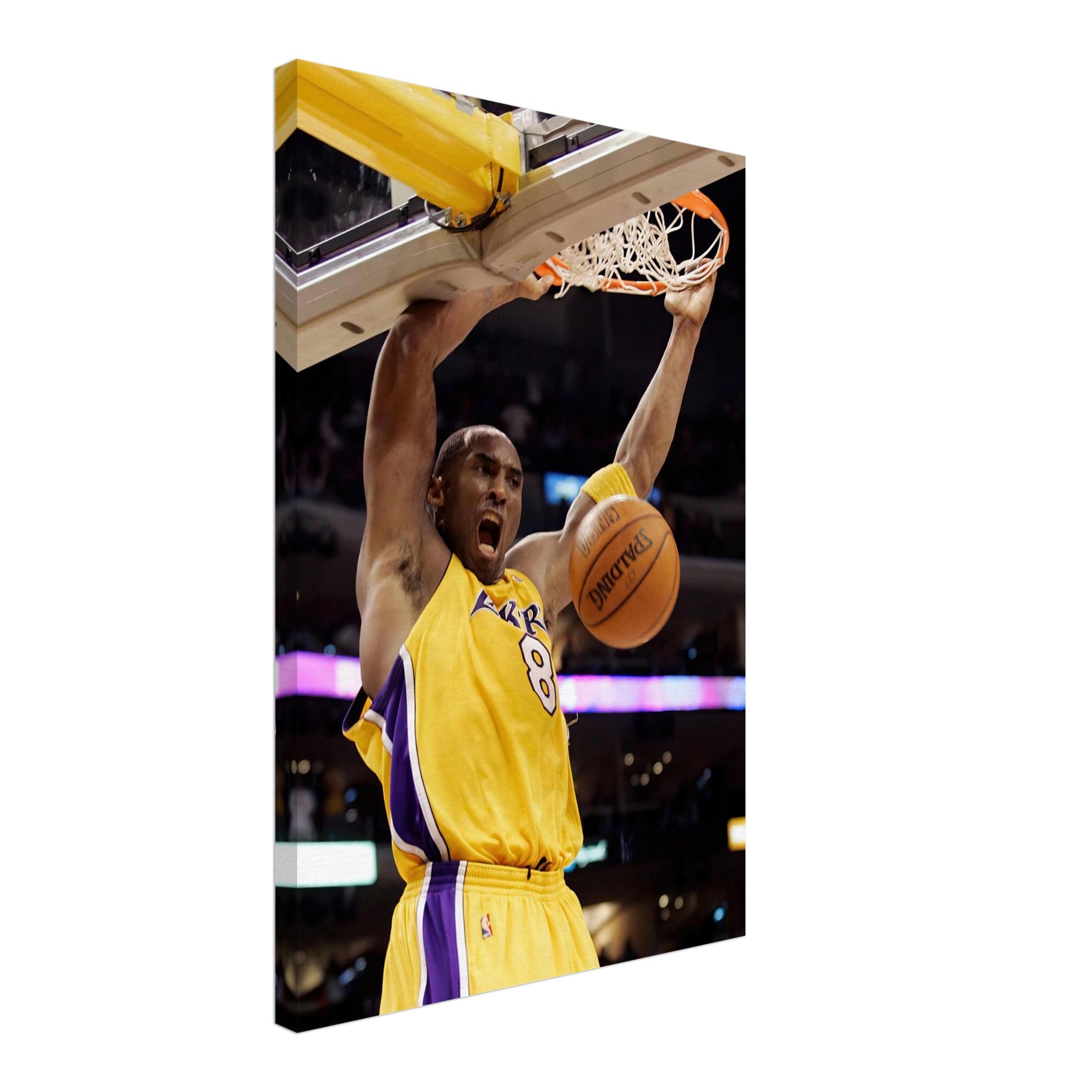 Kobe Bryant performing an iconic slam dunk on canvas print, showcasing his athleticism and intensity during a game.