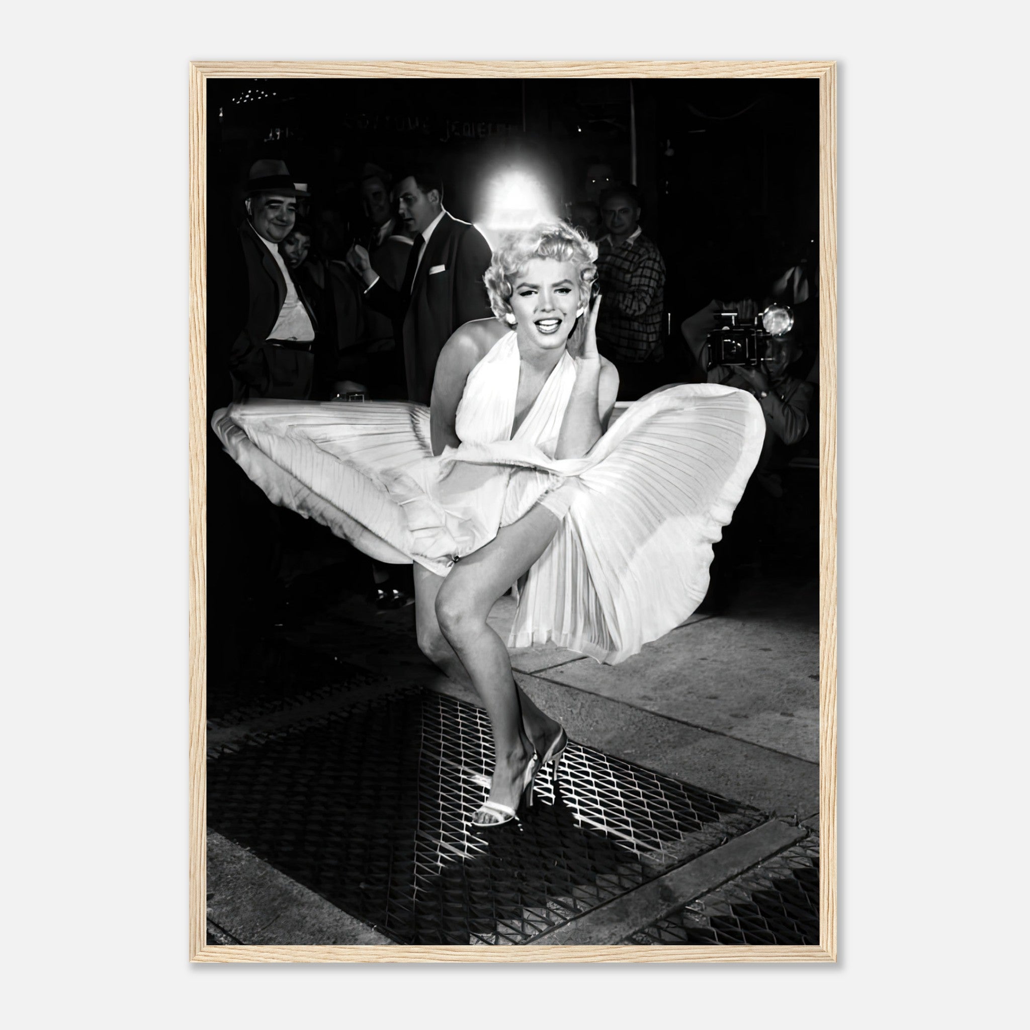Marilyn Monroe in white dress, wind-blown over subway grate, iconic framed print capturing Hollywood glamour.