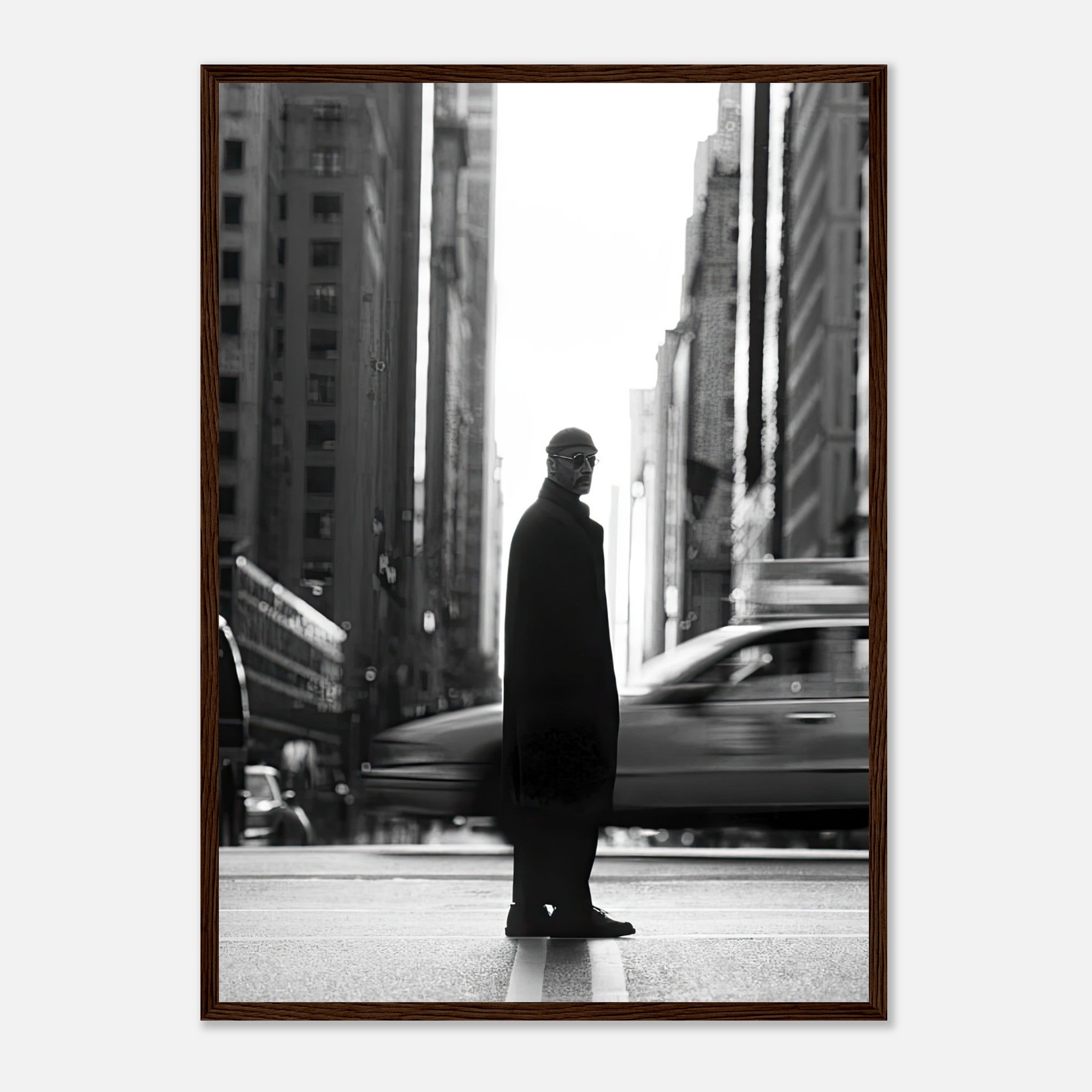 Black-and-white framed print of Jean Reno's character Leon in New York, capturing urban sophistication and allure.