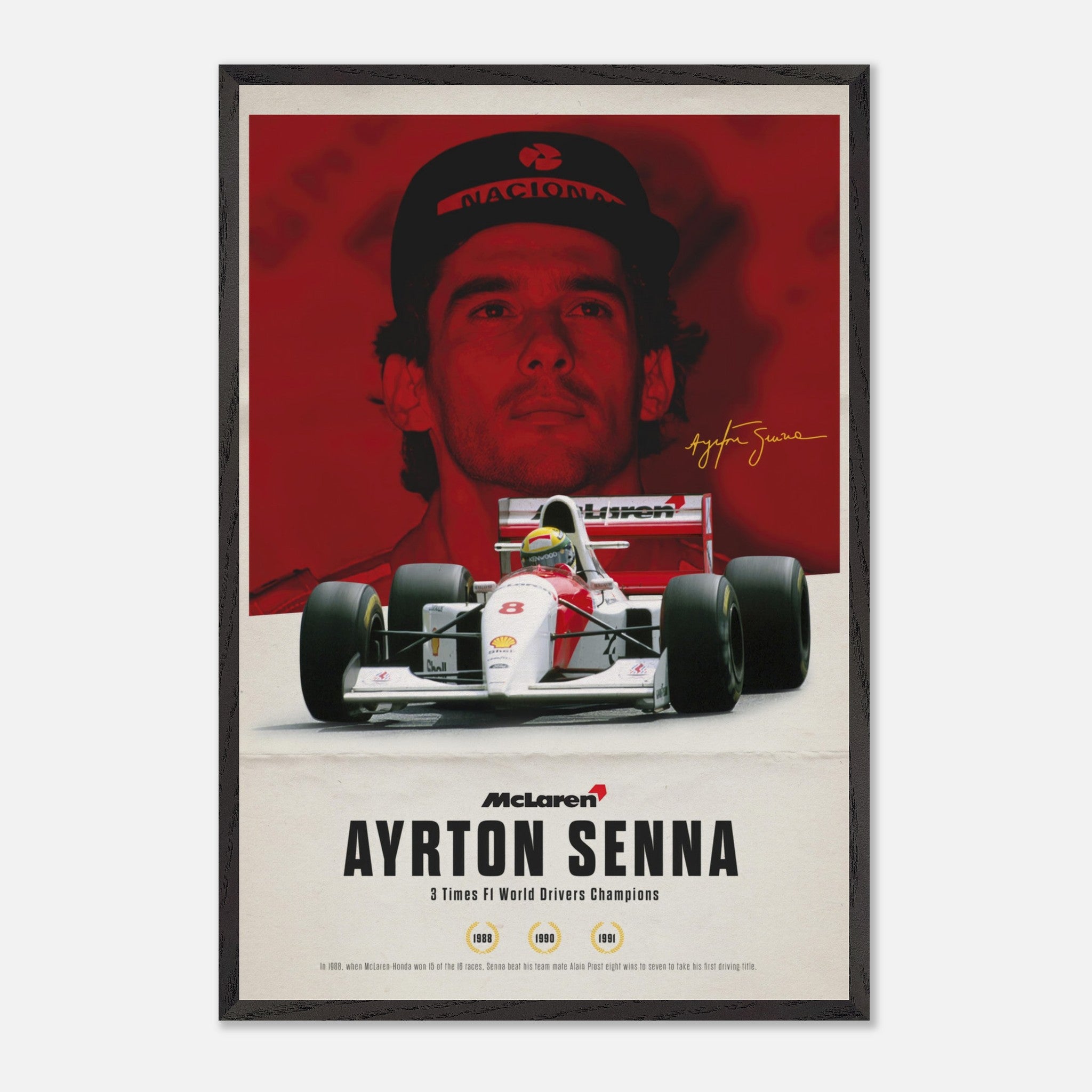 Vintage framed art of Ayrton Senna with his McLaren car, featuring red tones and his signature.