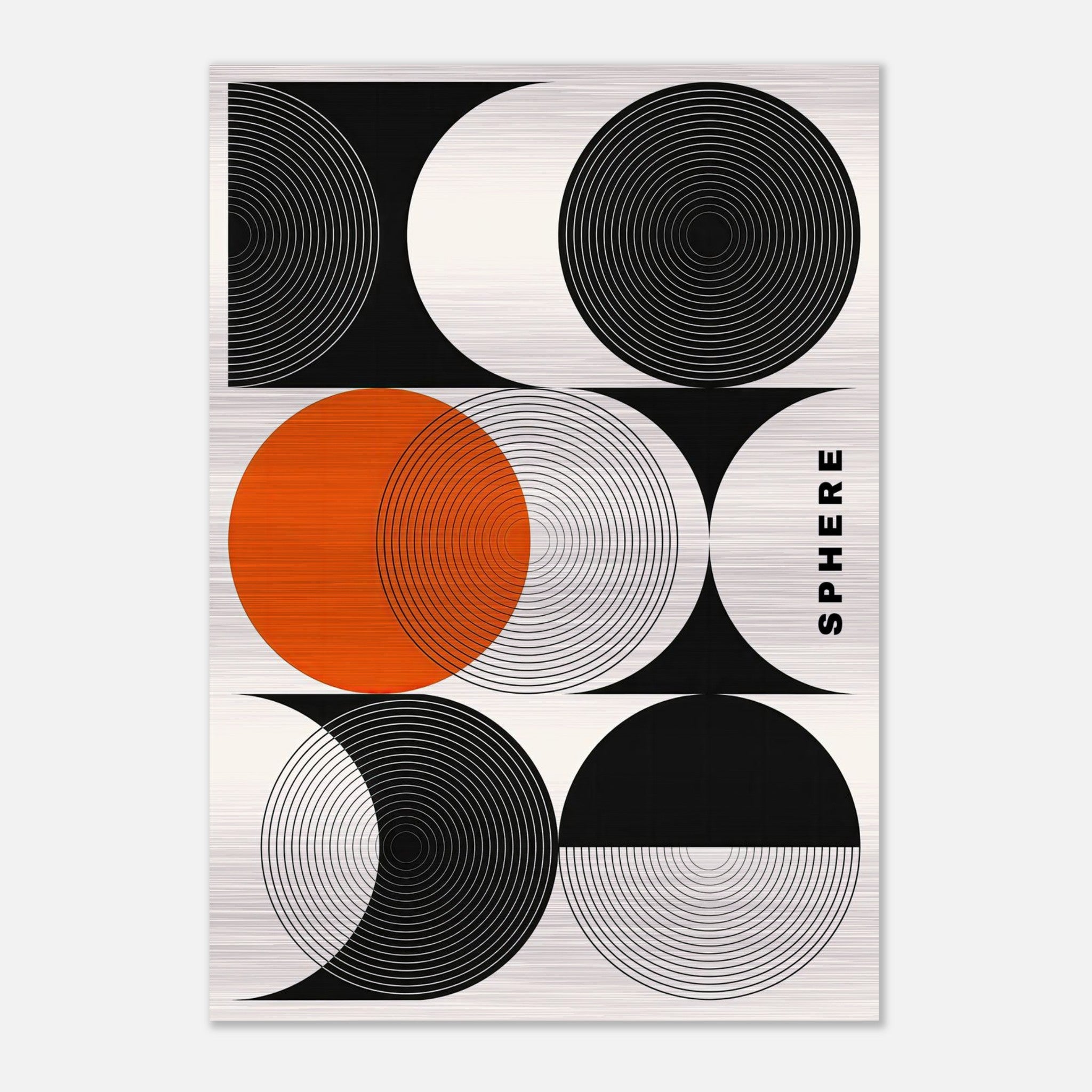 Abstract geometric sphere art in brushed metal featuring bold black, white, and orange circular patterns for modern decor.