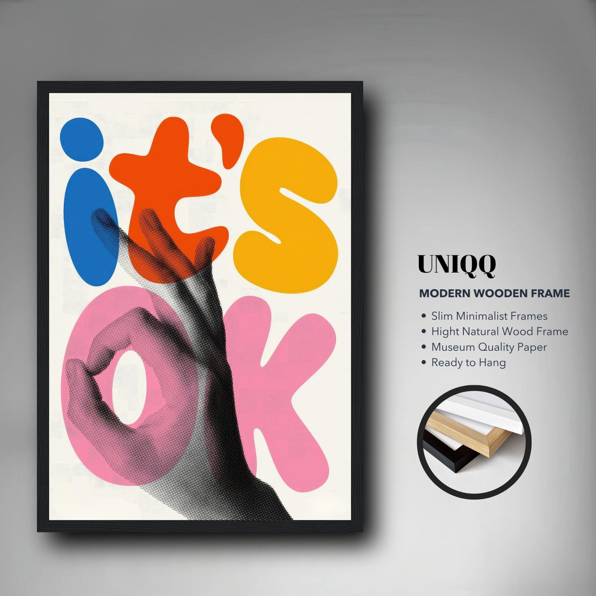 It's Ok' Retro Abstract Pop Art framed print featuring vibrant colors and a hand gesture design.