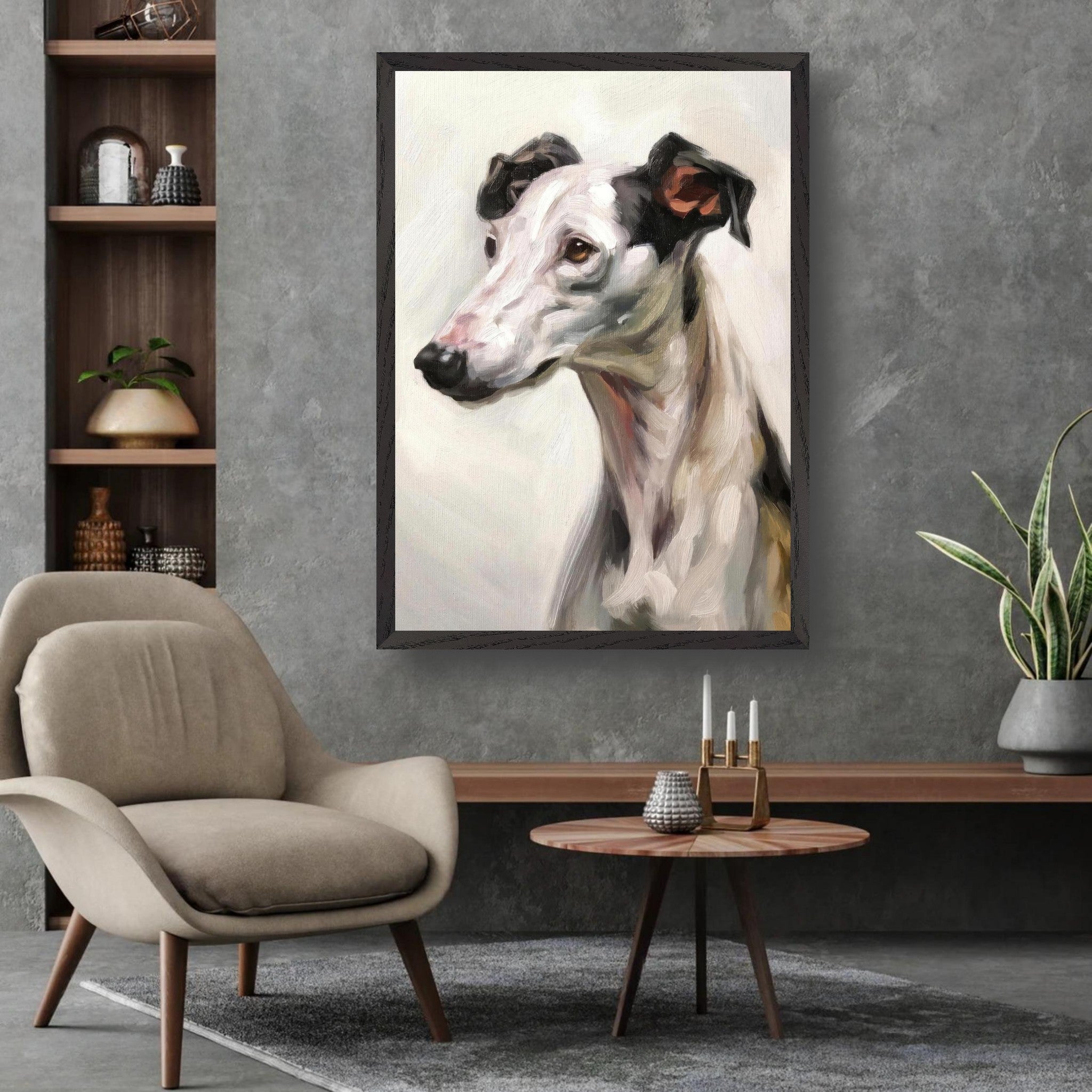 Elegant Greyhound dog painting displayed in a modern living room with soft furnishings and greenery.