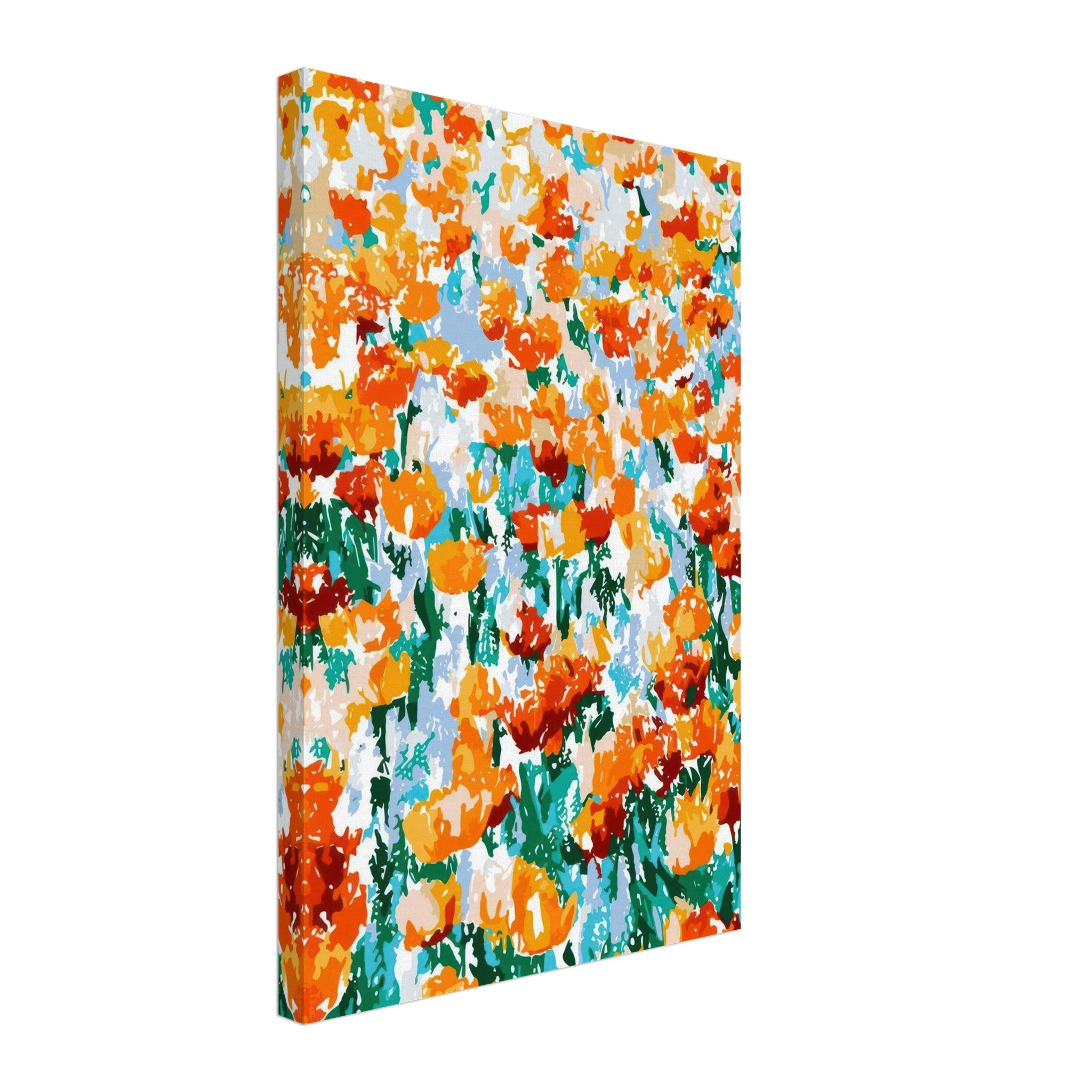 Abstract Floral Tulip Garden Canvas Print featuring vibrant orange tulips against a colorful background.