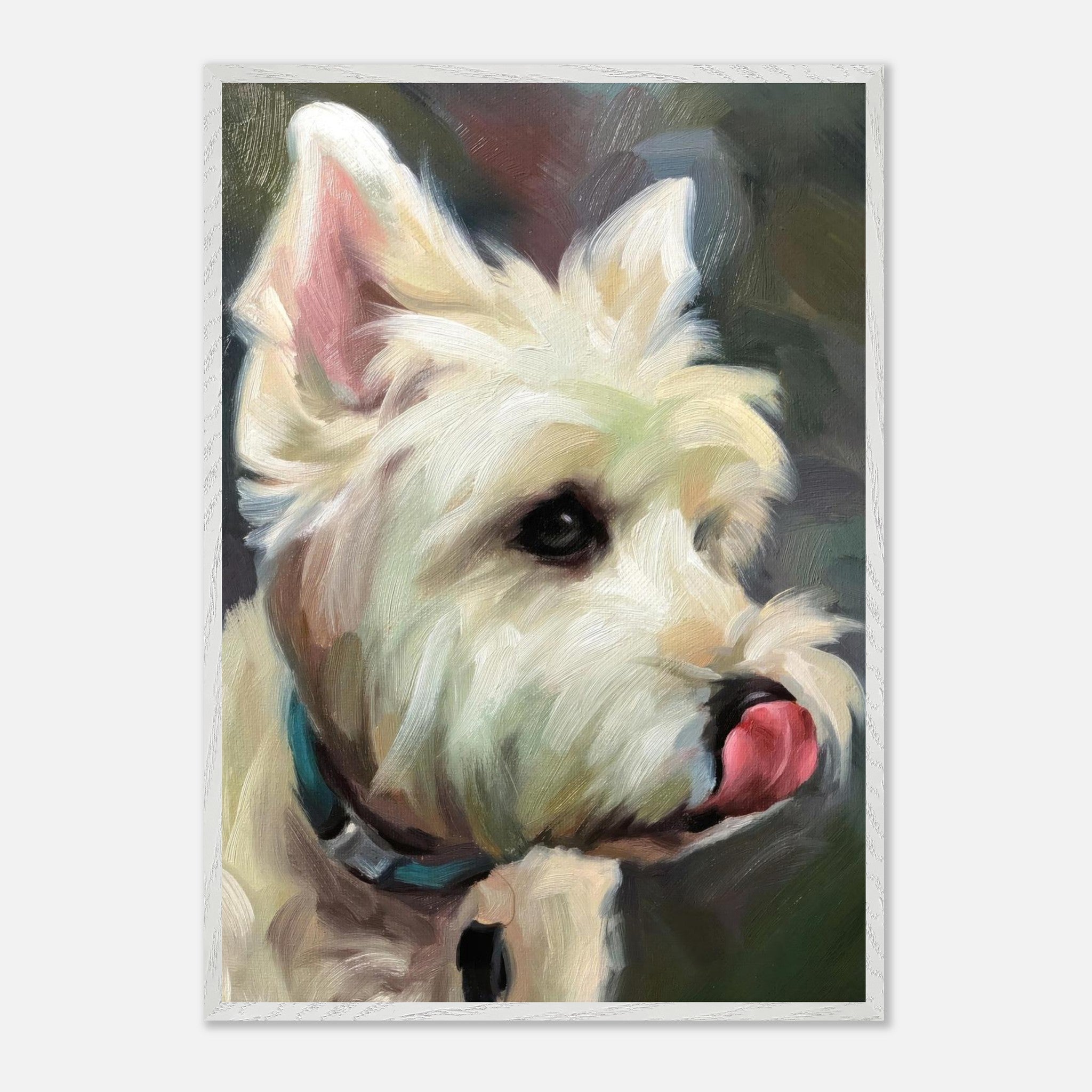 Vintage framed painting of a West Highland White Terrier, featuring detailed brushstrokes and playful expression.