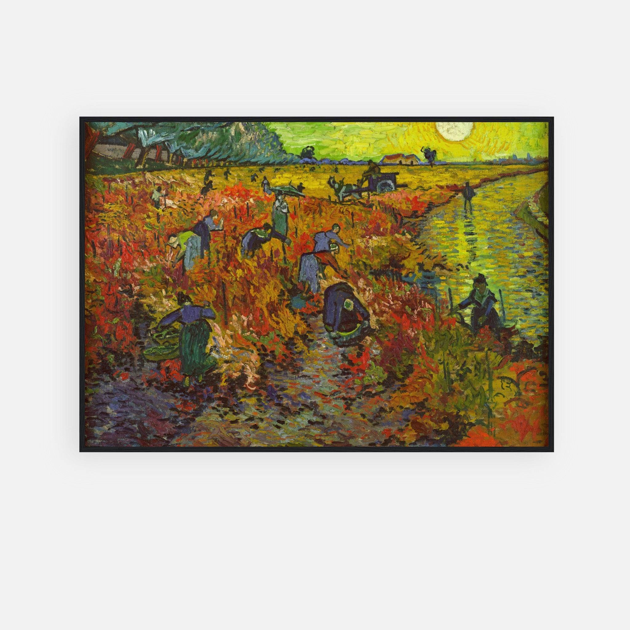 Framed print of Van Gogh's The Red Vineyard depicting harvesters in a vibrant autumn landscape.