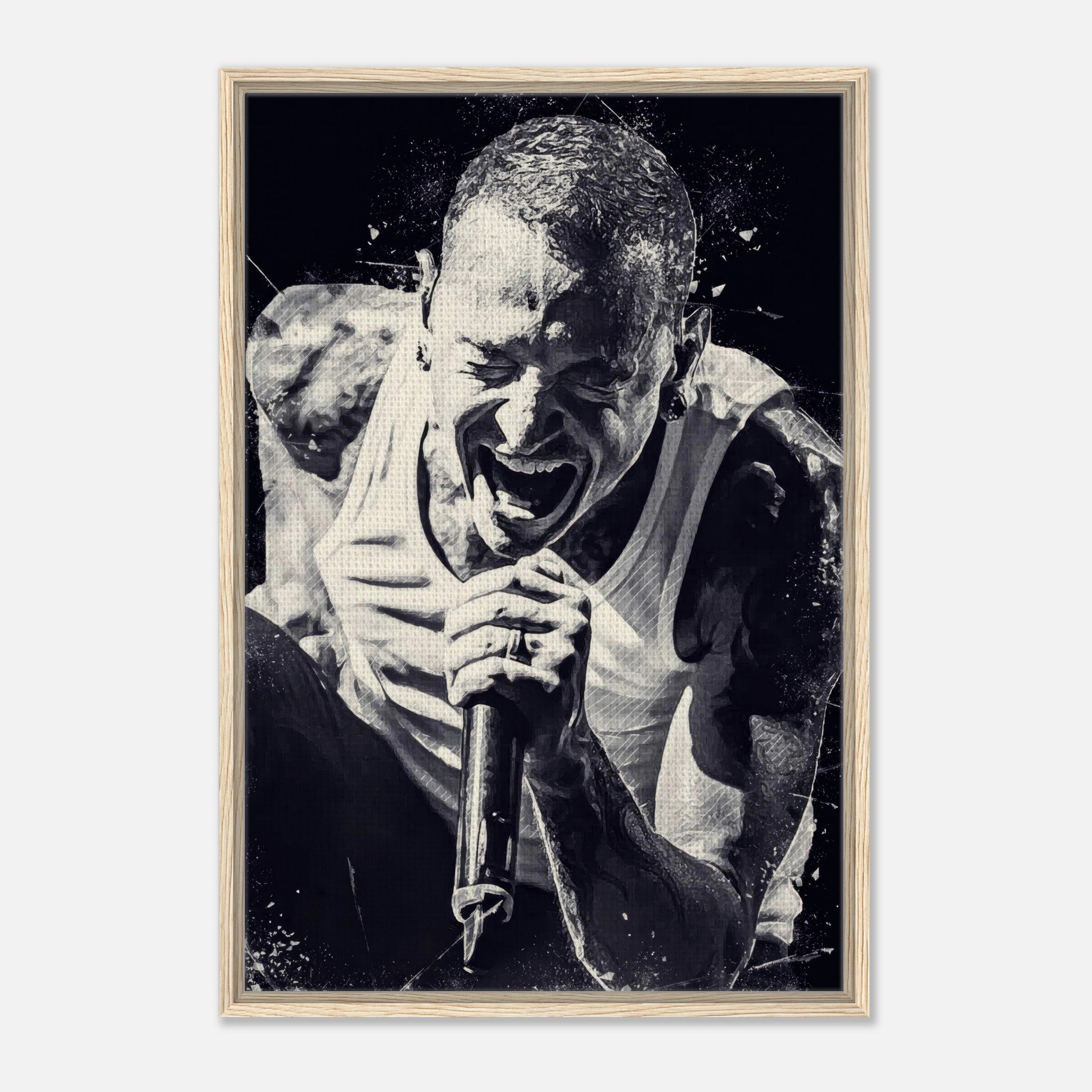 Chester Bennington framed canvas print showcasing his powerful performance and emotional presence in black and white.