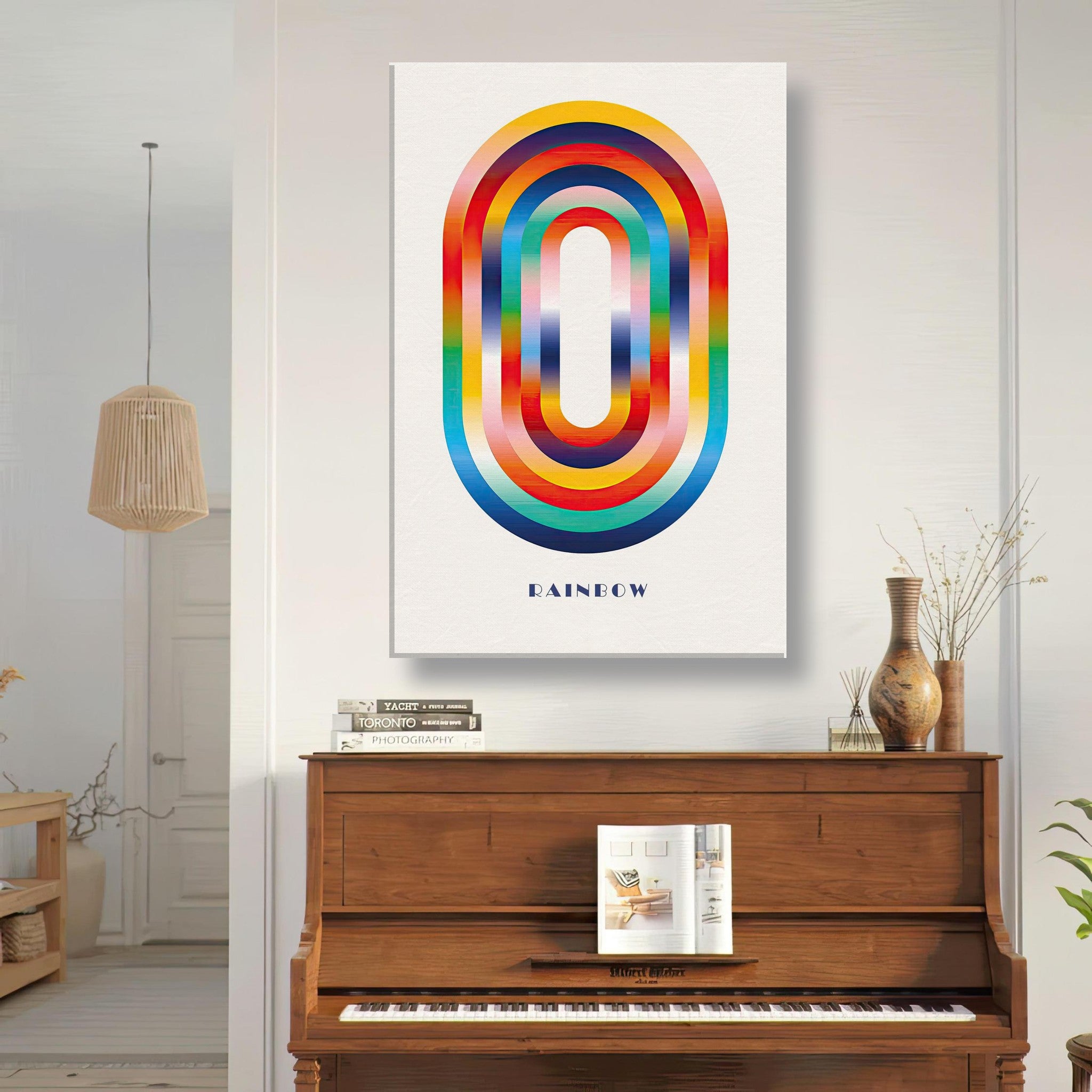 Vibrant Abstract Rainbow Geometric Art Canvas Print displayed above a piano, showcasing bold hues in a modern design.