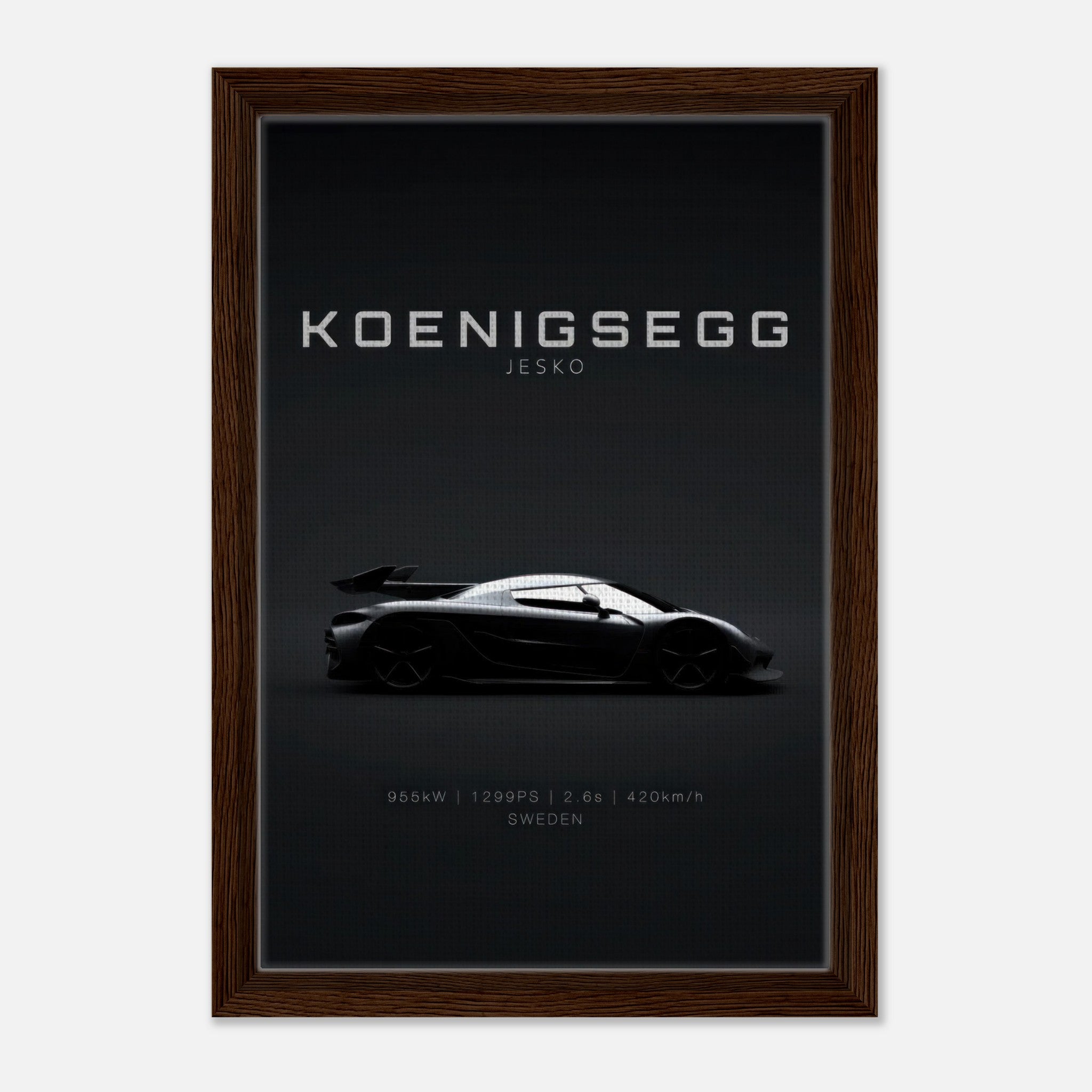 Koenigsegg Jesko framed canvas print with sleek design against a minimalist black background.