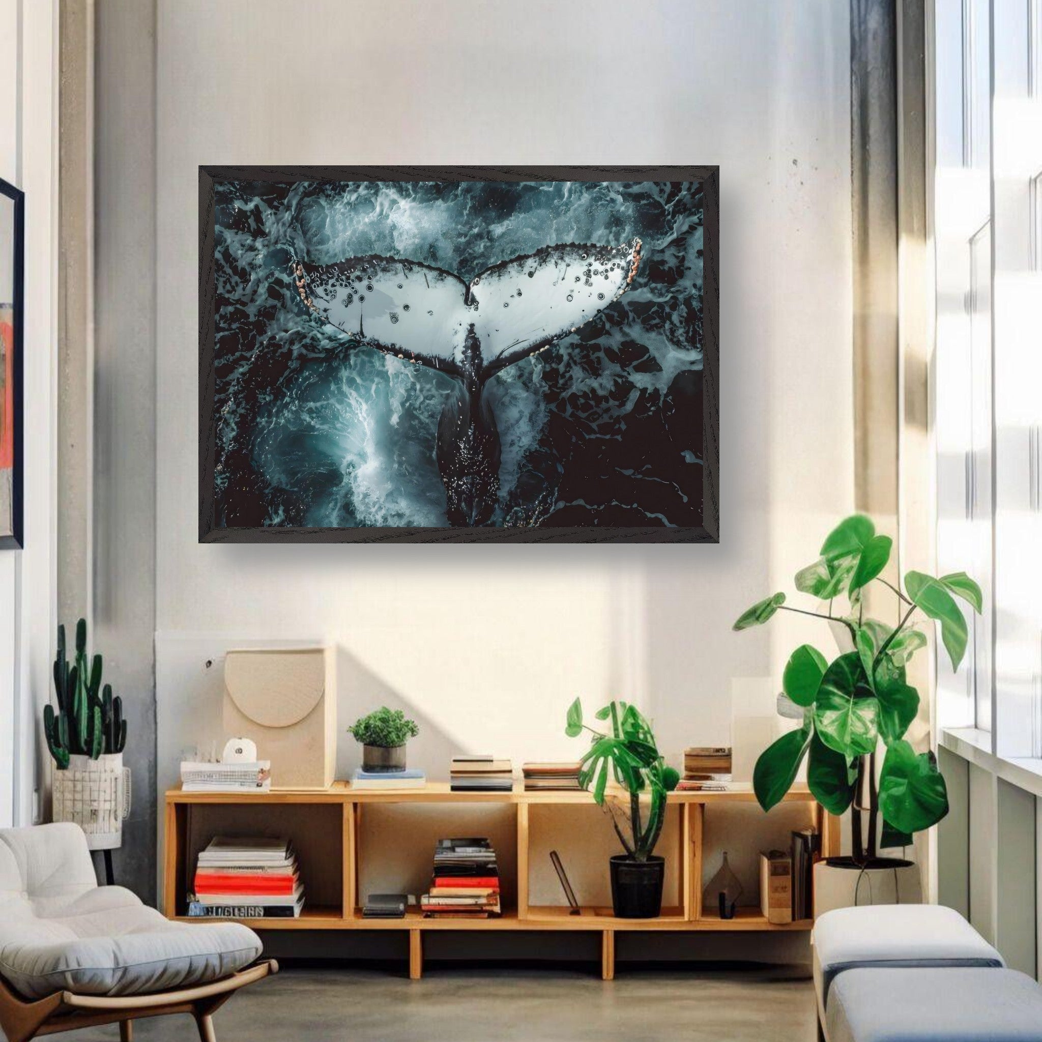 Humpback Whale vintage framed art featuring a whale tail breaking through ocean waves in a modern living room.