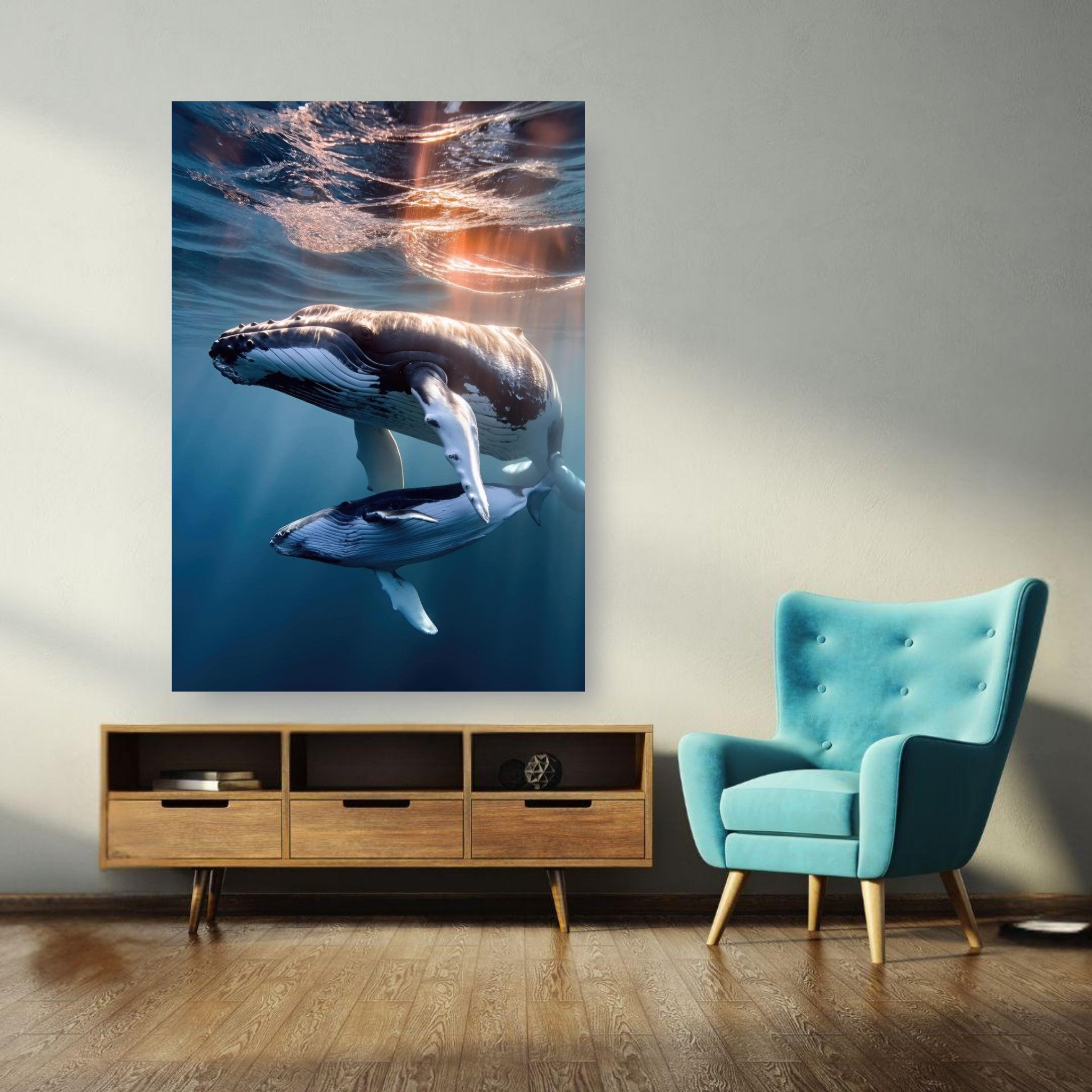Underwater photography poster of a mother humpback whale and her calf swimming together in blue waters.