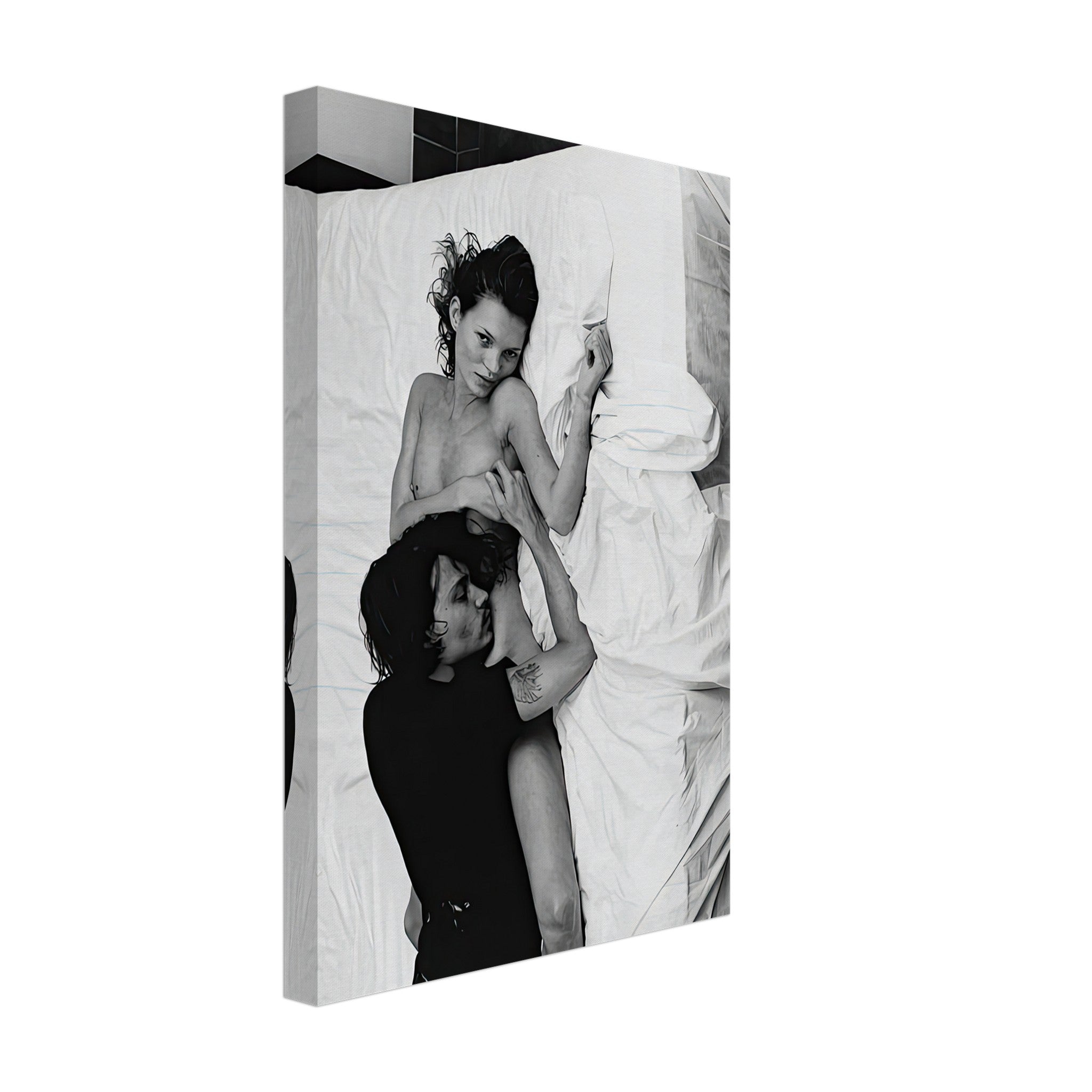 Black and white canvas print of intimate moment featuring Kate Moss and Johnny Depp, capturing 90s glamour.