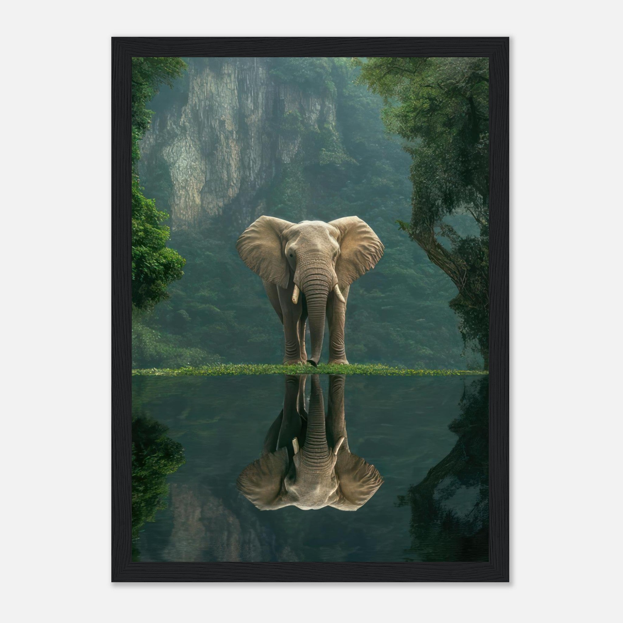 Majestic jungle elephant portrait framed print with reflection in serene water surrounded by lush greenery.