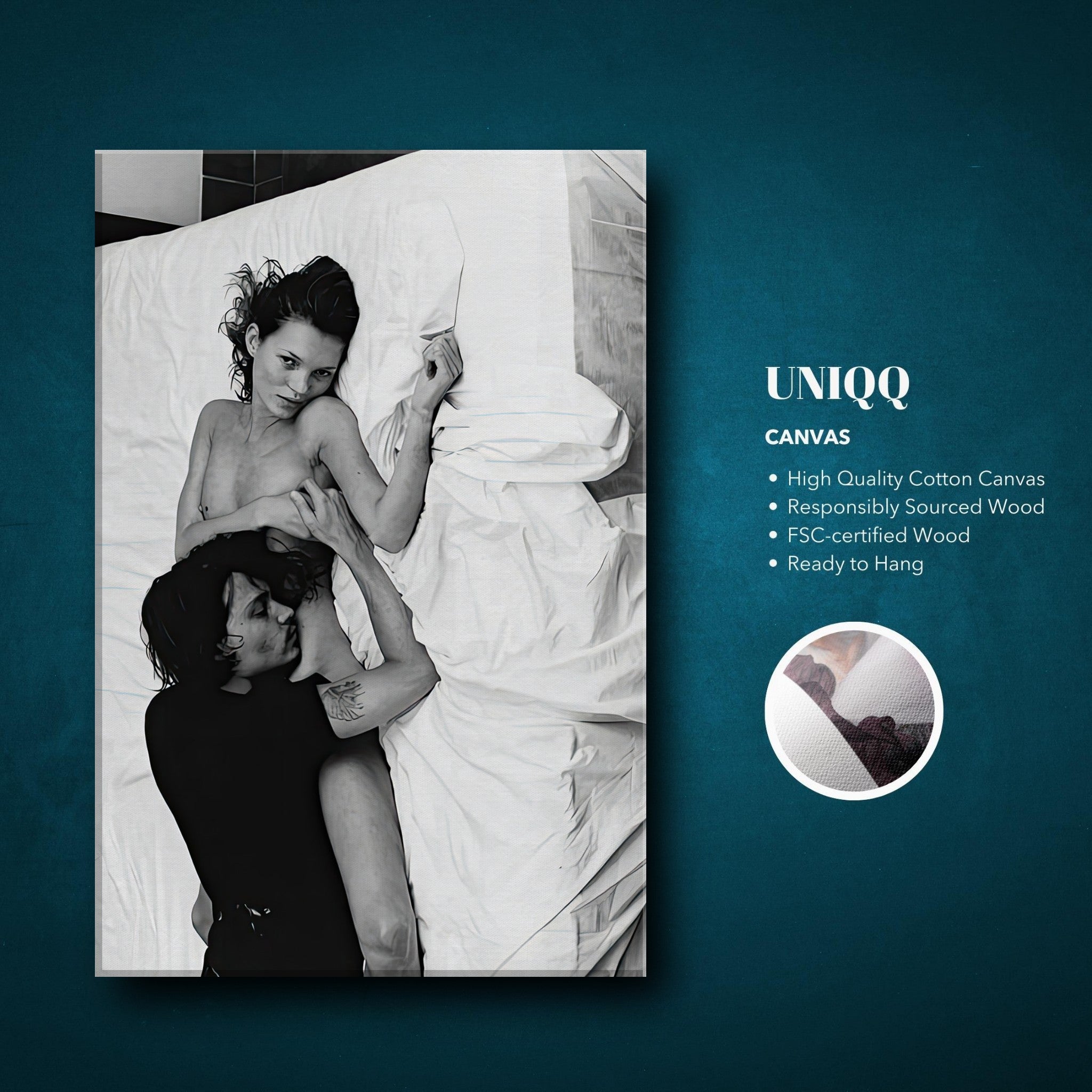 Black-and-white canvas print showcasing intimate moment between a couple, perfect for adding 90s glamour to your decor.