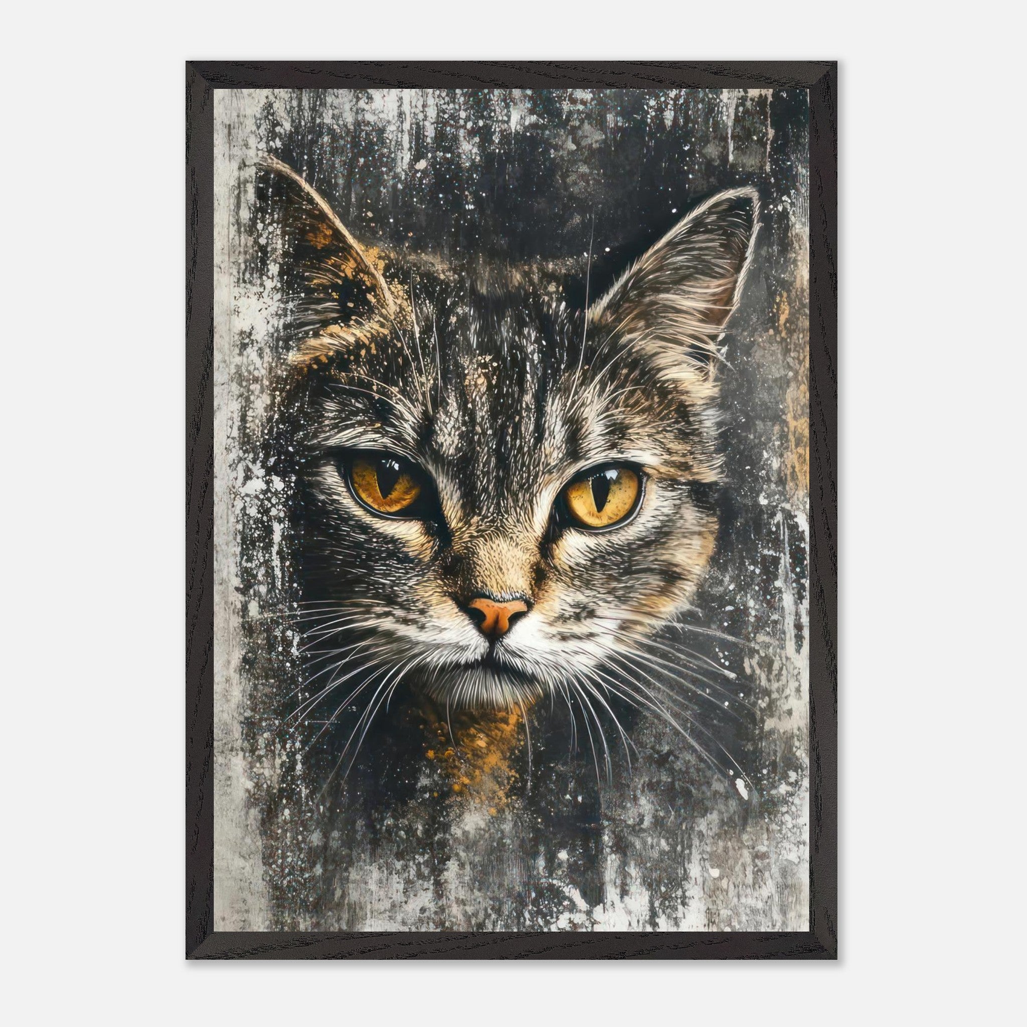 Cat painting artwork featuring a majestic feline with striking golden eyes on a textured background.