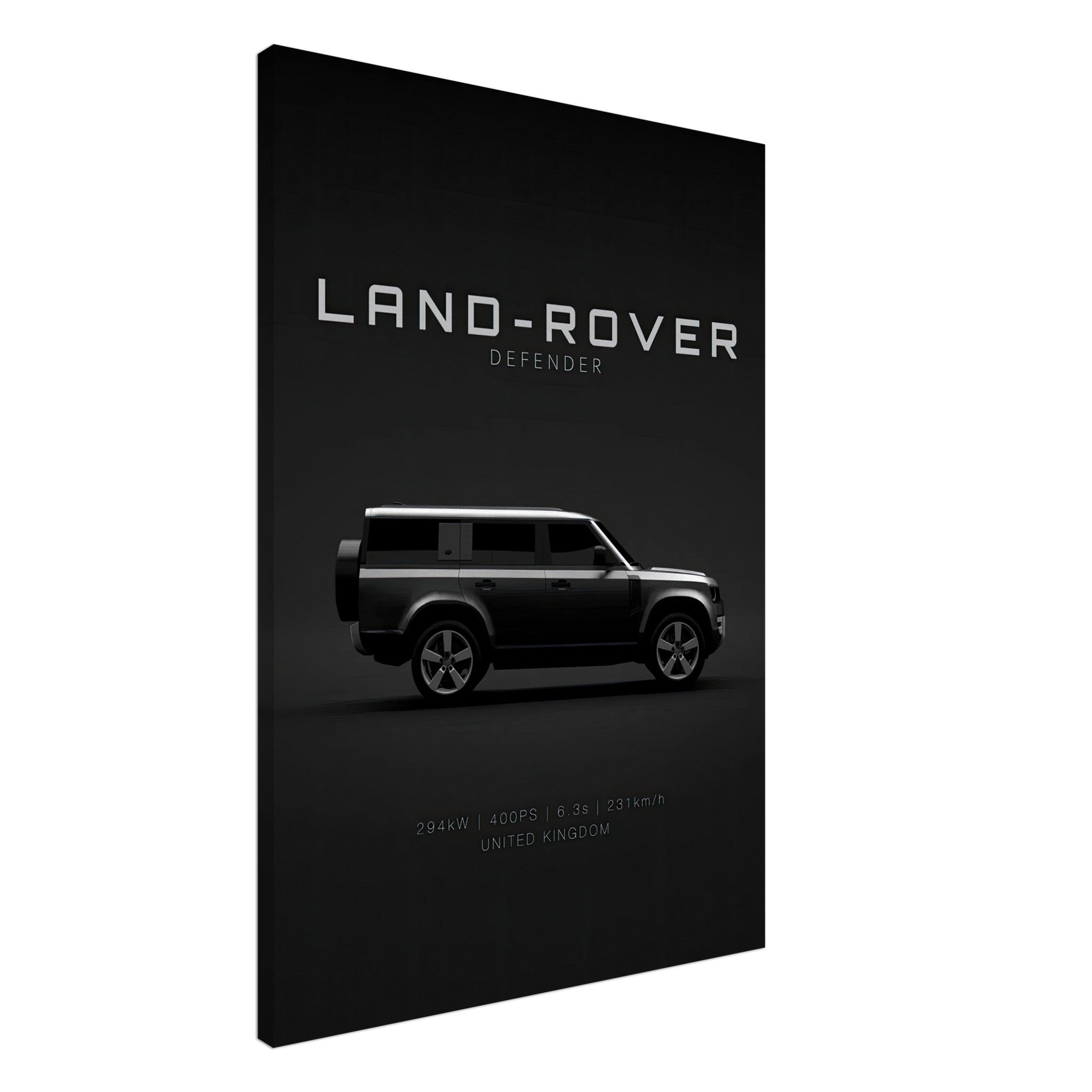 Land Rover Defender canvas art featuring side profile on minimalist black background, showcasing elegance and adventure.