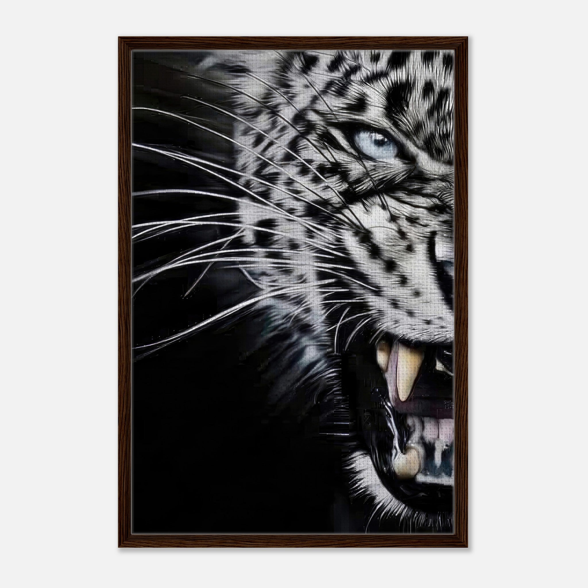 Leopard close-up portrait in black framed canvas print, showcasing intense gaze and bared fangs for dramatic decor.