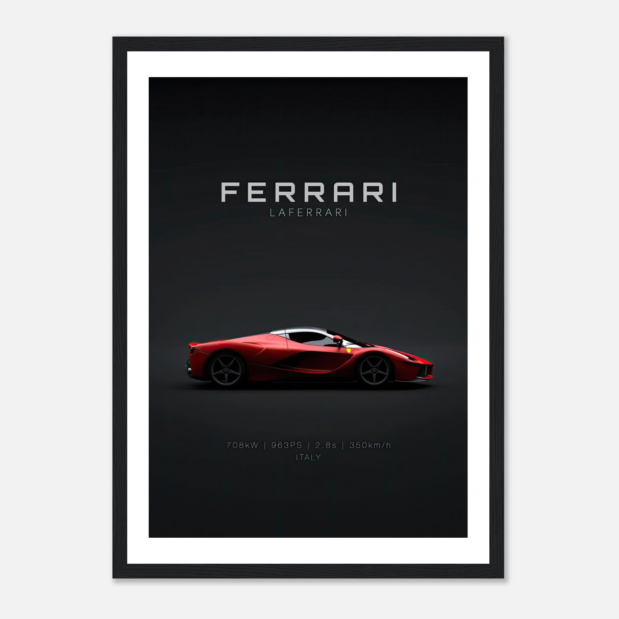 Ferrari Laferrari framed poster showcasing the iconic hypercar in striking red against a dark background.