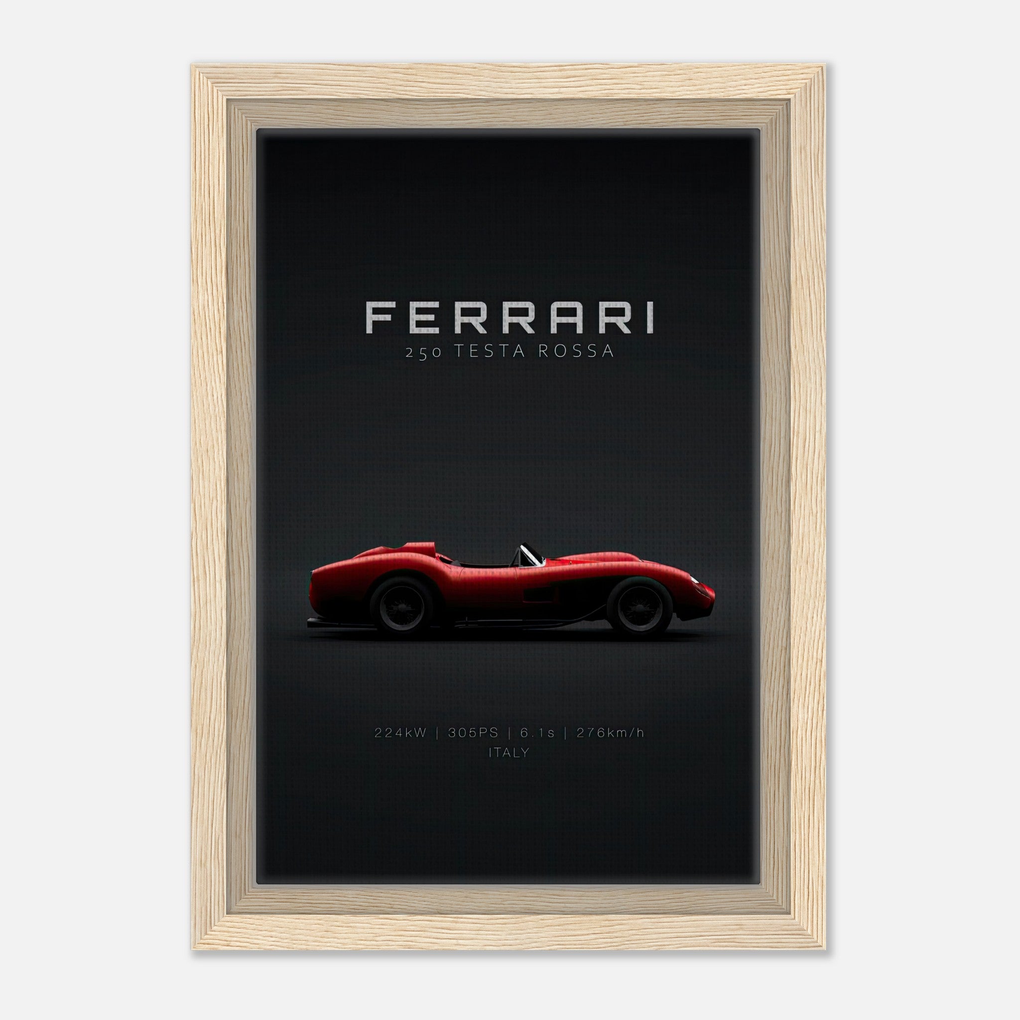 Ferrari 250 Testa Rossa framed canvas print on black background showcasing iconic red race car design.