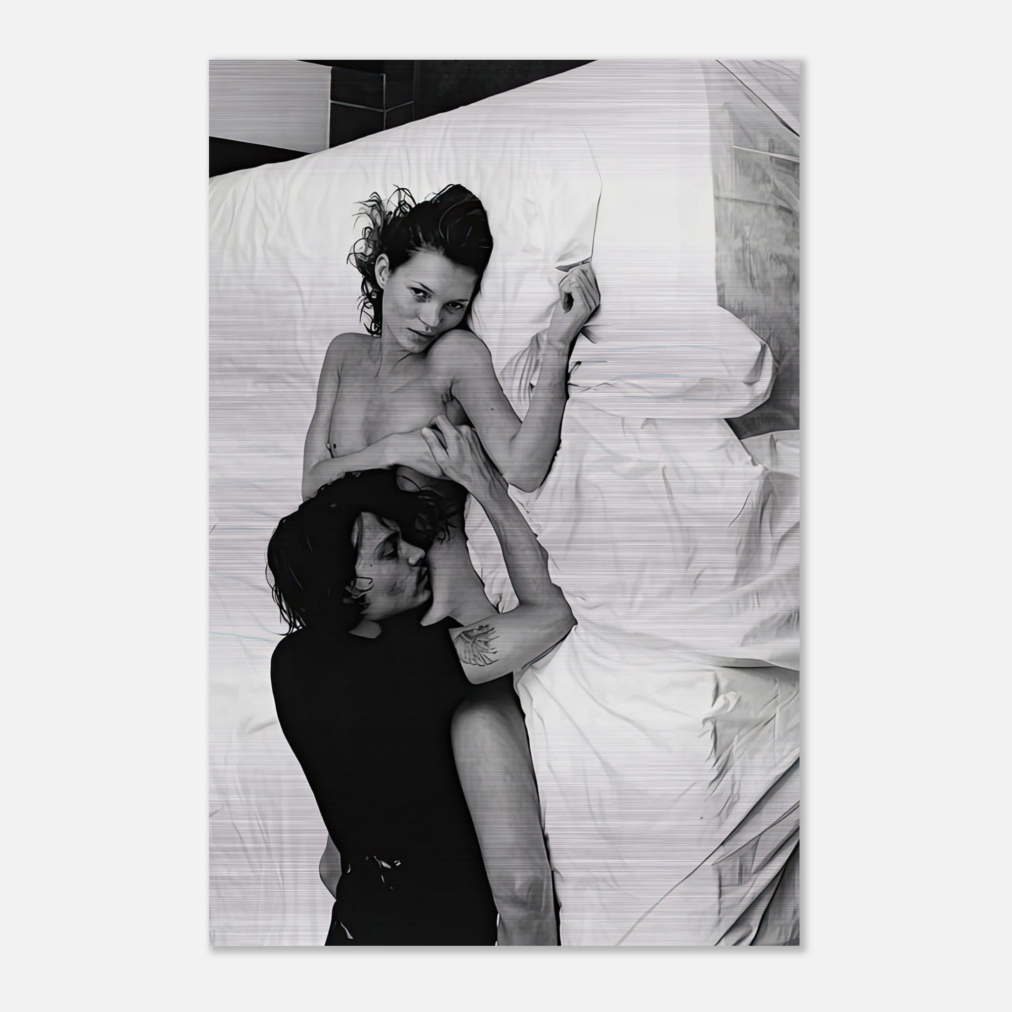 Brushed metal print of Kate Moss and Johnny Depp in 1994, showcasing iconic 90s romance and rebellion.