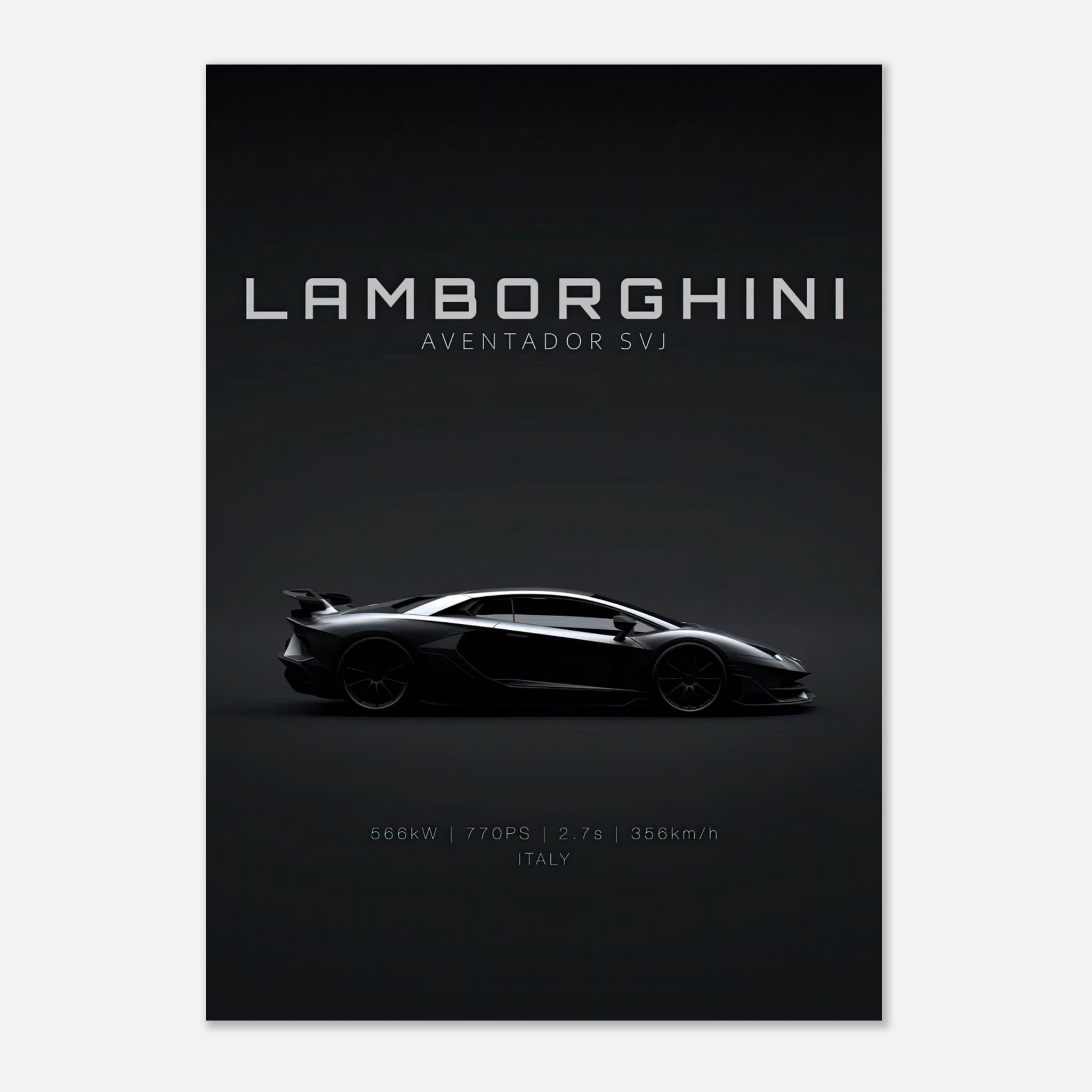 Lamborghini Aventador SVJ poster showcasing its sleek design and performance stats in high definition.