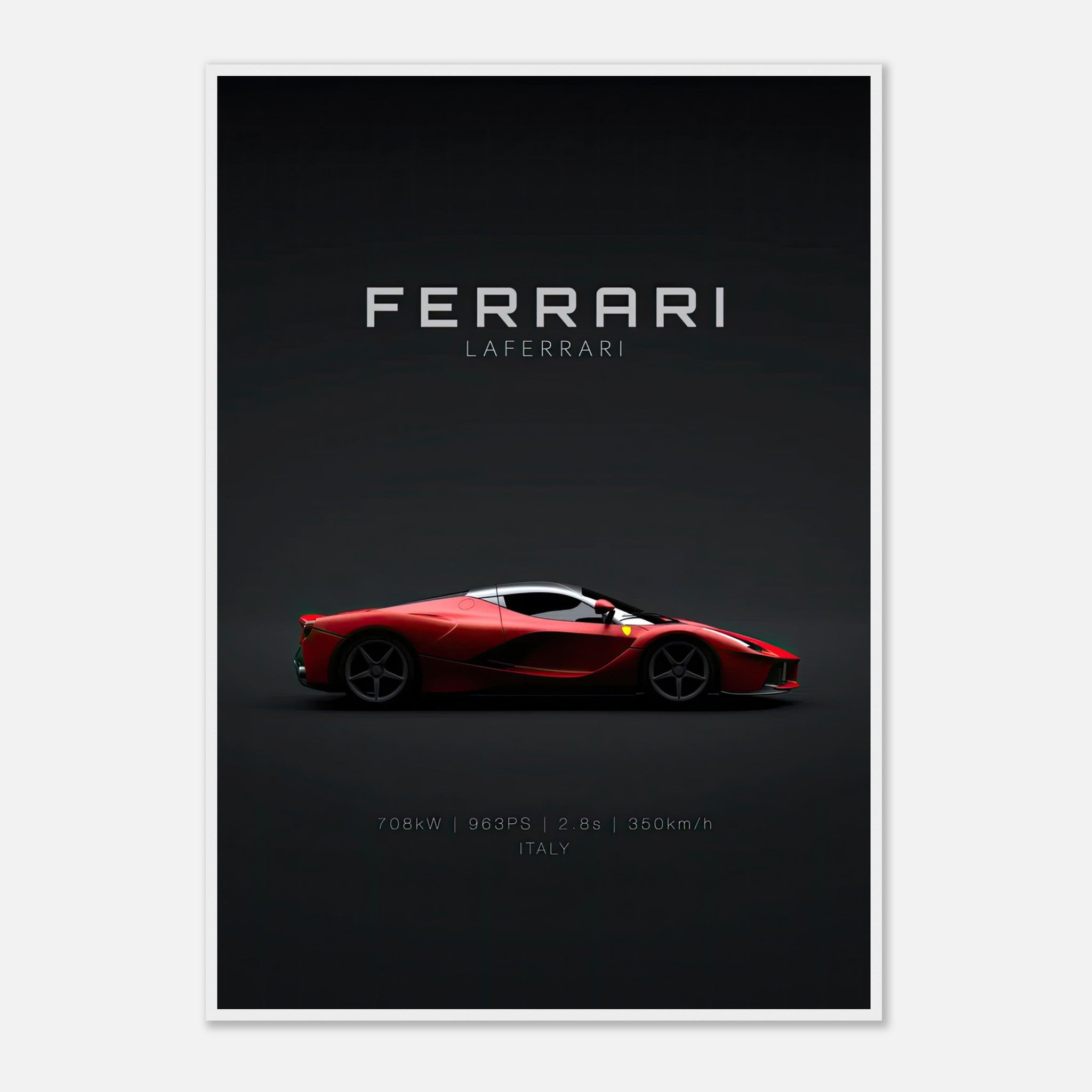 Ferrari Laferrari framed poster showcasing the iconic car in red against a dark background, perfect for home or office decor.