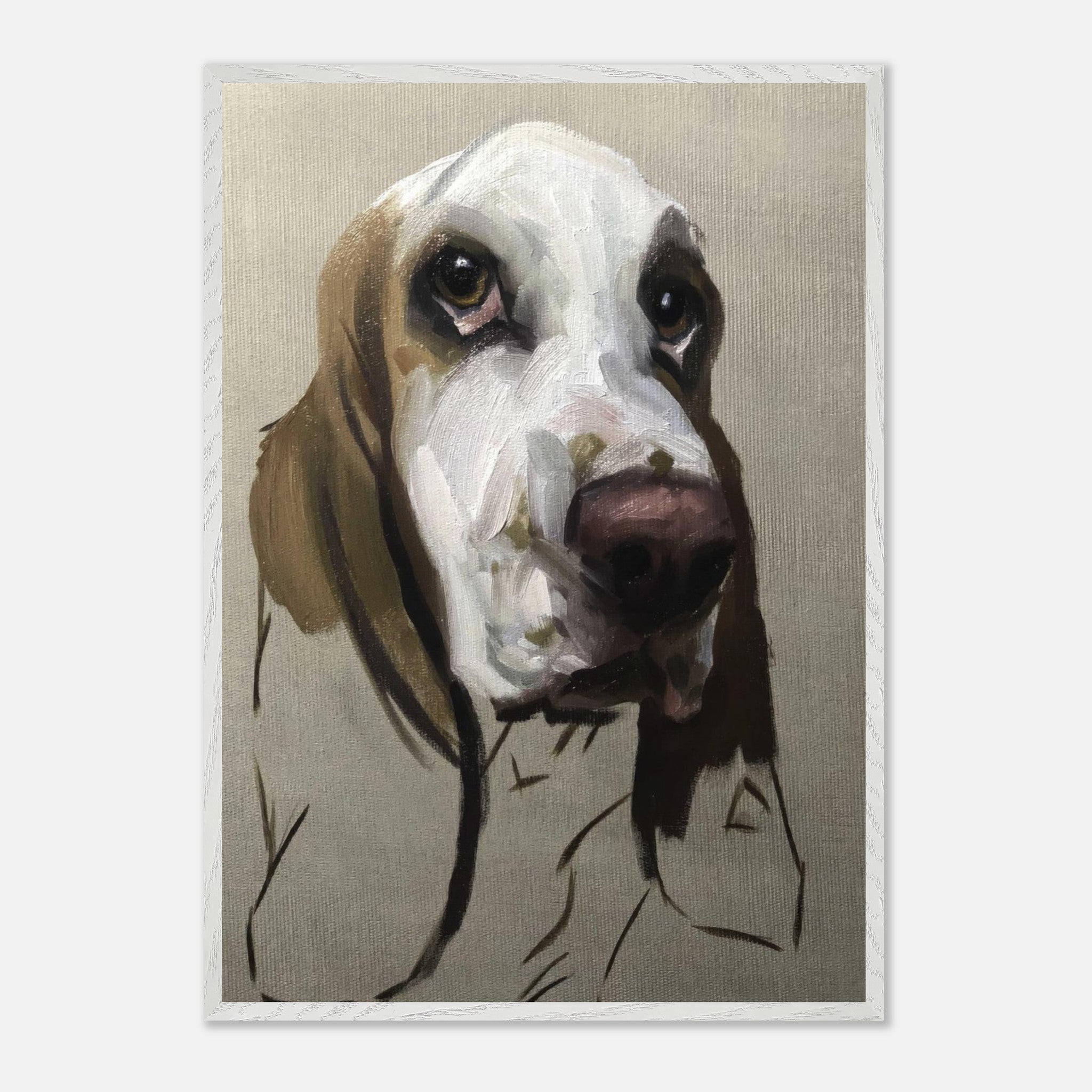 Basset Hound dog painting vintage framed print showcasing expressive brushstrokes and soulful gaze.