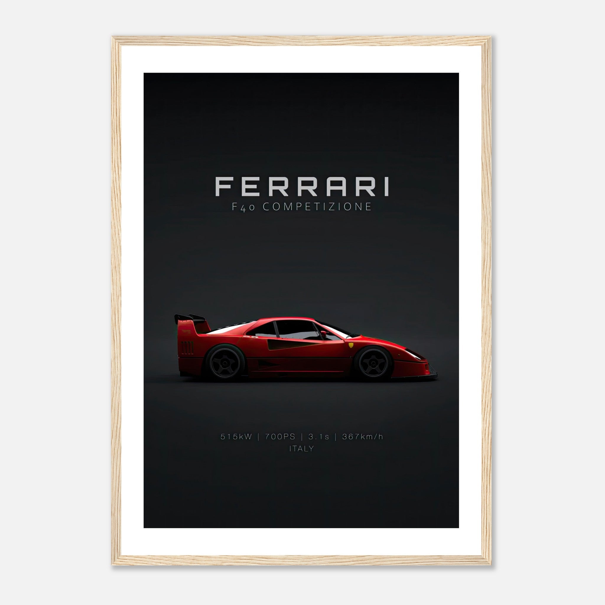 Ferrari F40 Competizione Framed Poster showcasing a sleek red supercar against a dark background.