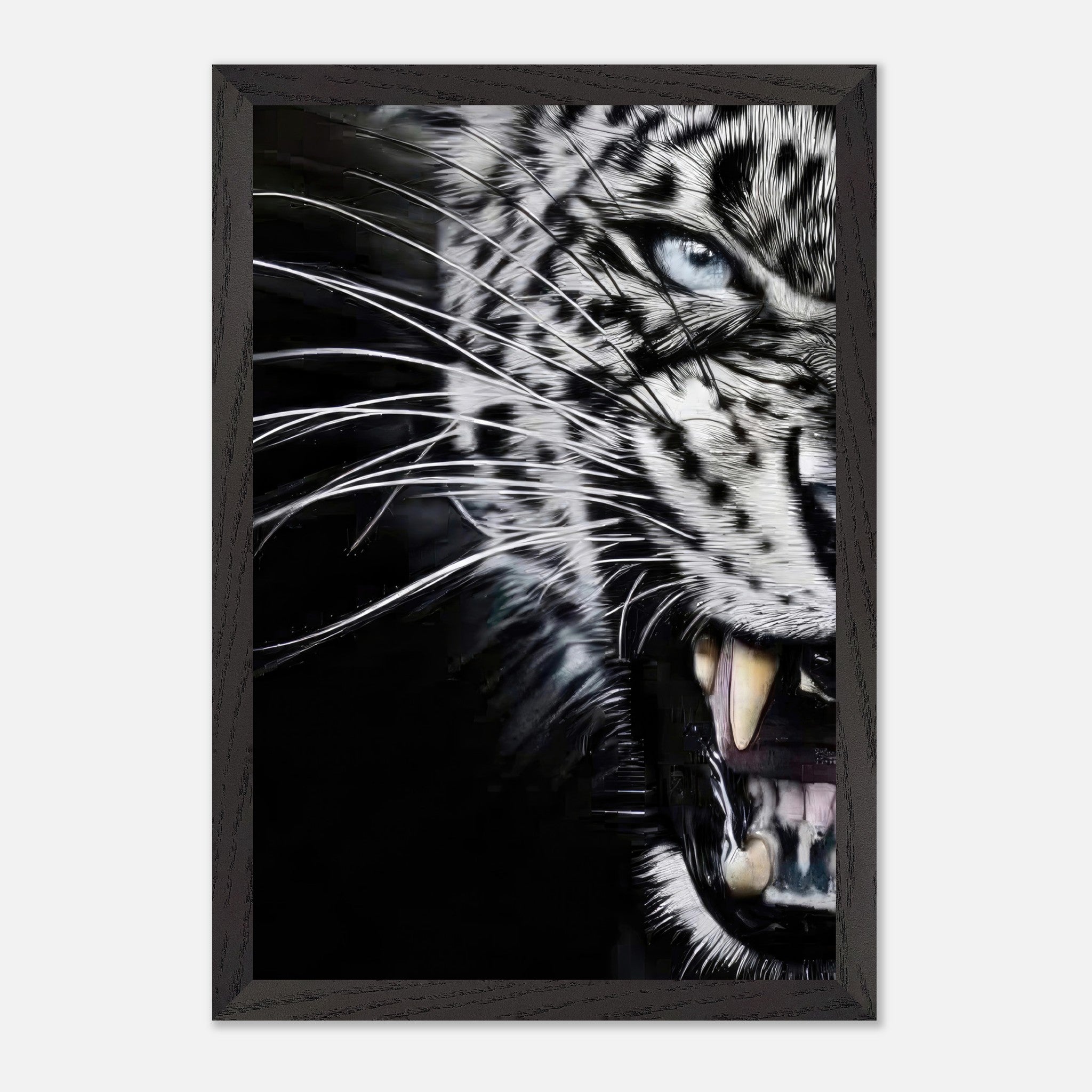 Close-up portrait of a fierce leopard with striking blue eyes and detailed fur patterns, framed fine art piece.
