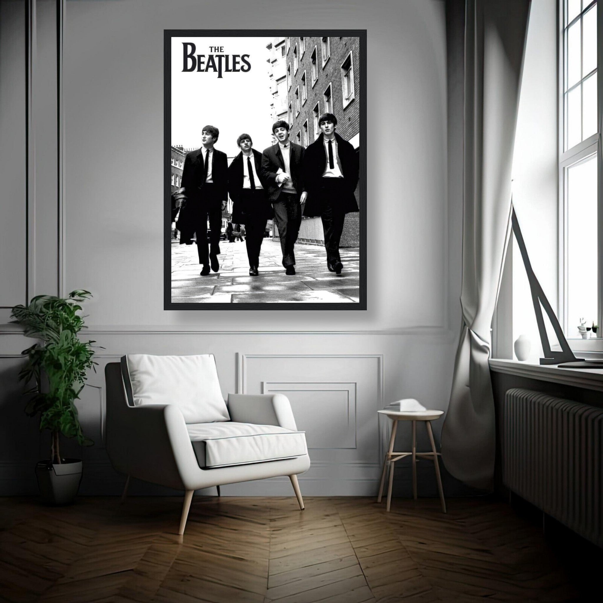 Framed print of The Beatles in black and white, featuring four members walking down a city street.