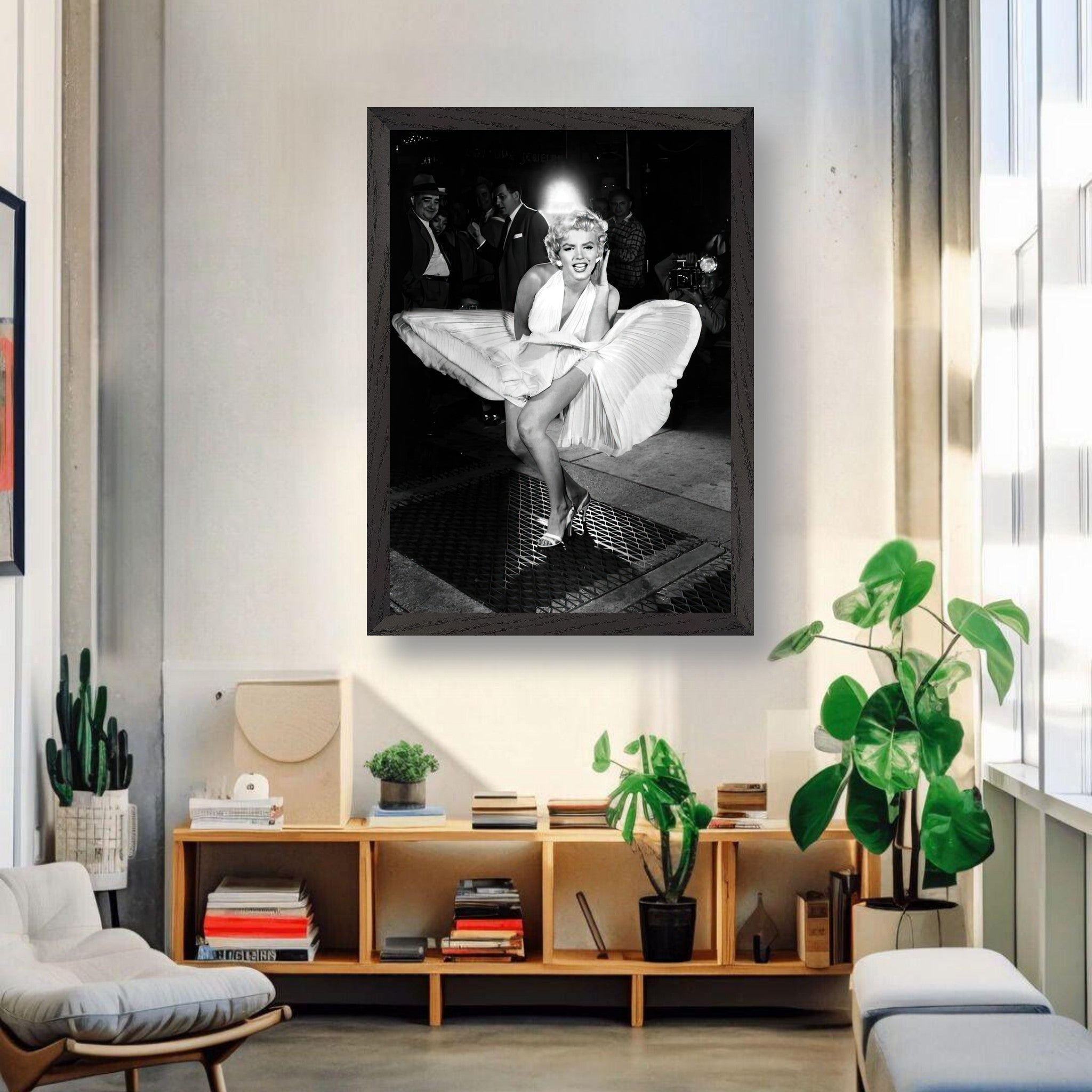 Marilyn Monroe vintage framed print in white dress, captured in wind, showcasing Hollywood glamour.