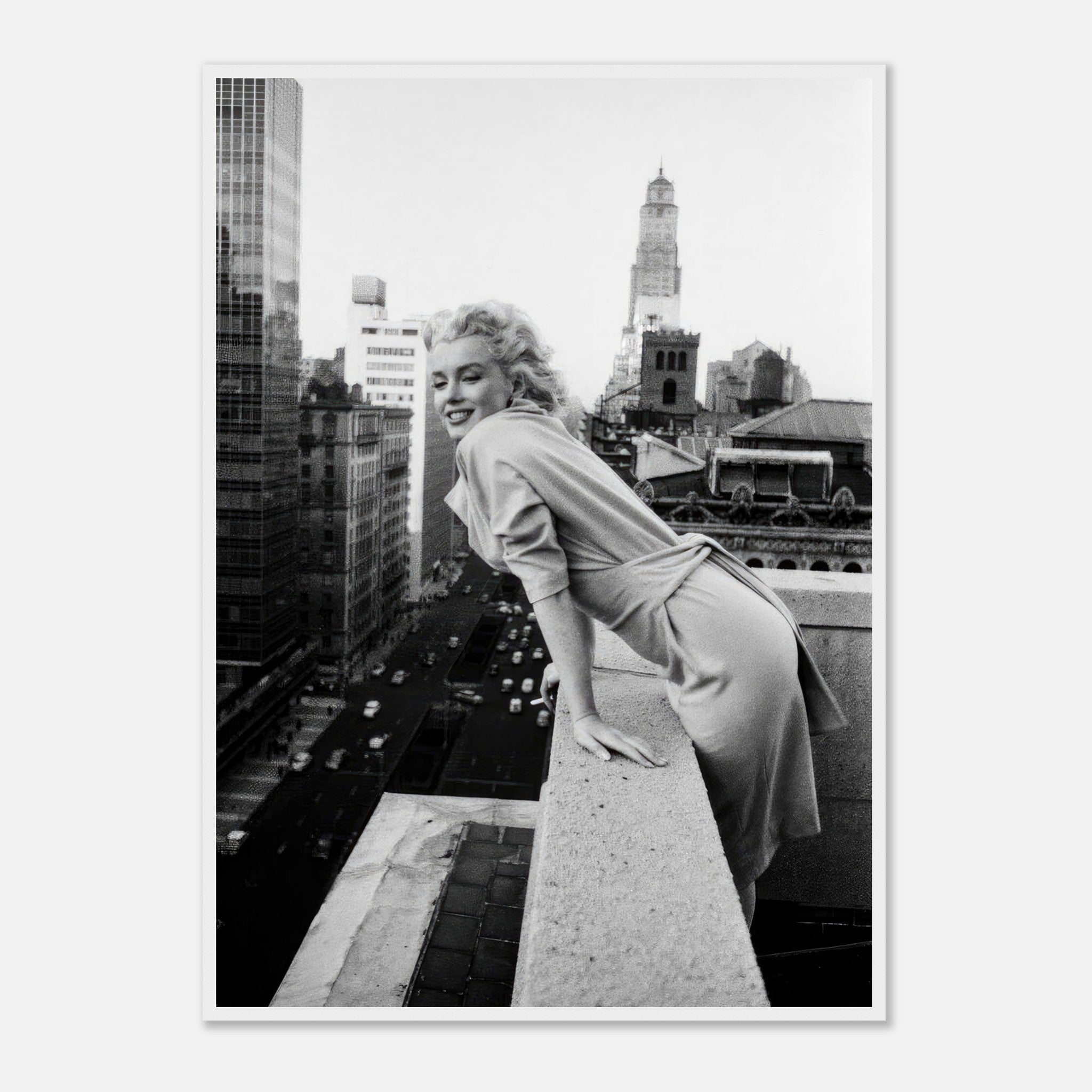 Marilyn Monroe smiling on a rooftop in 1950s New York City, captured in an iconic black-and-white photograph.